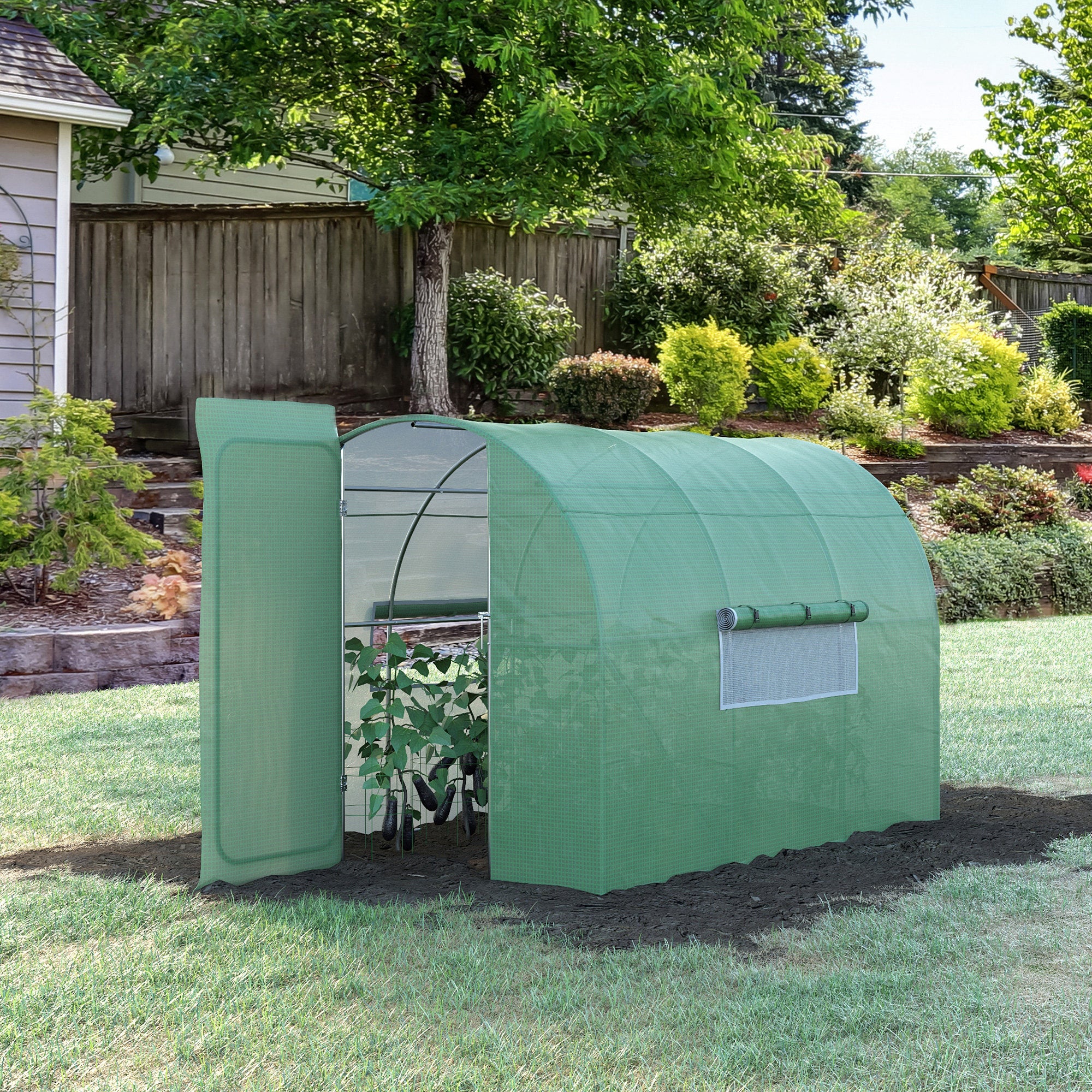 Garden Tunnel Greenhouse 6m² Reinforced Galvanized Steel 2.5cm Diameter + High Density PE Windows Door Green