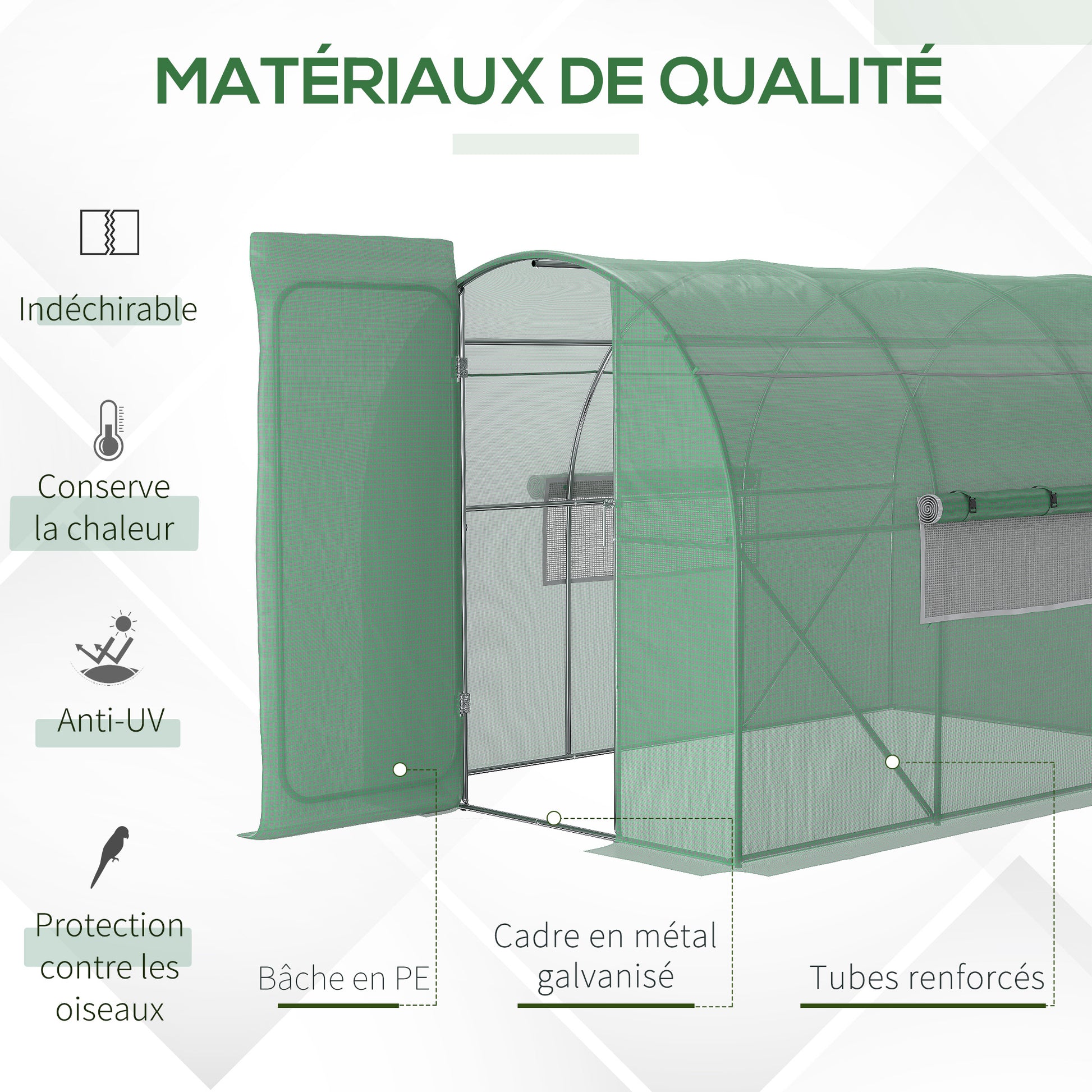 Garden Tunnel Greenhouse 6m² Reinforced Galvanized Steel 2.5cm Diameter + High Density PE Windows Door Green
