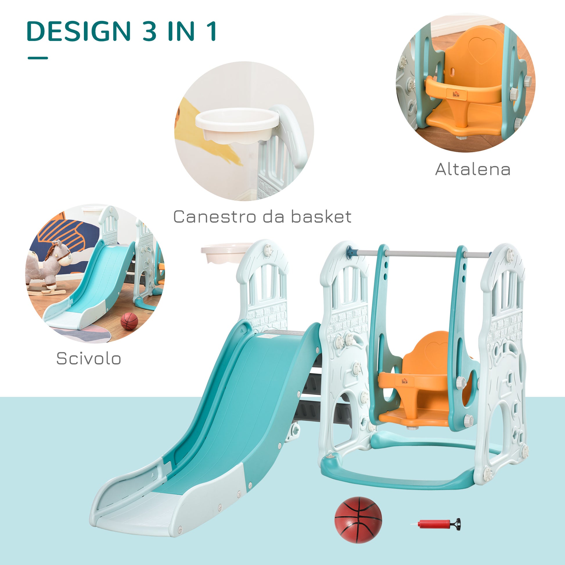 3-in-1 Children's Slide with Adjustable Swing, Basketball Hoop, and Balls for Bedroom and Garden, 149x186x98cm, Blue and Orange