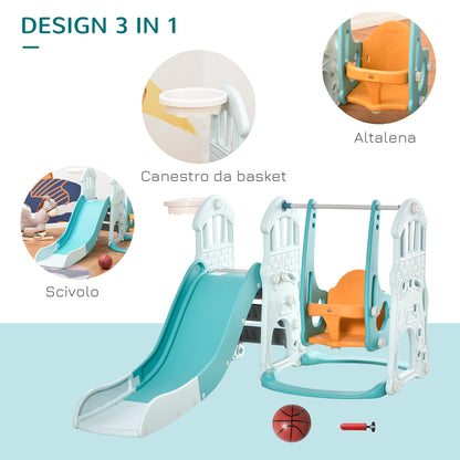 3-in-1 Children's Slide with Adjustable Swing, Basketball Hoop, and Balls for Bedroom and Garden, 149x186x98cm, Blue and Orange