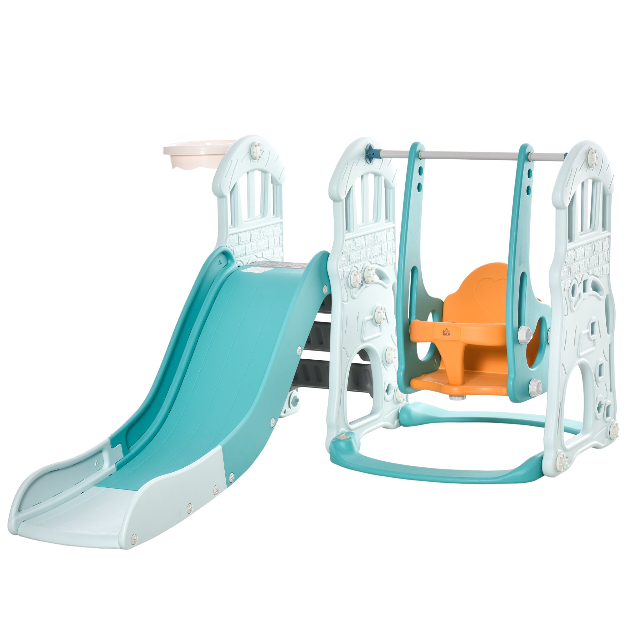 3-in-1 Children's Slide with Adjustable Swing, Basketball Hoop, and Balls for Bedroom and Garden, 149x186x98cm, Blue and Orange