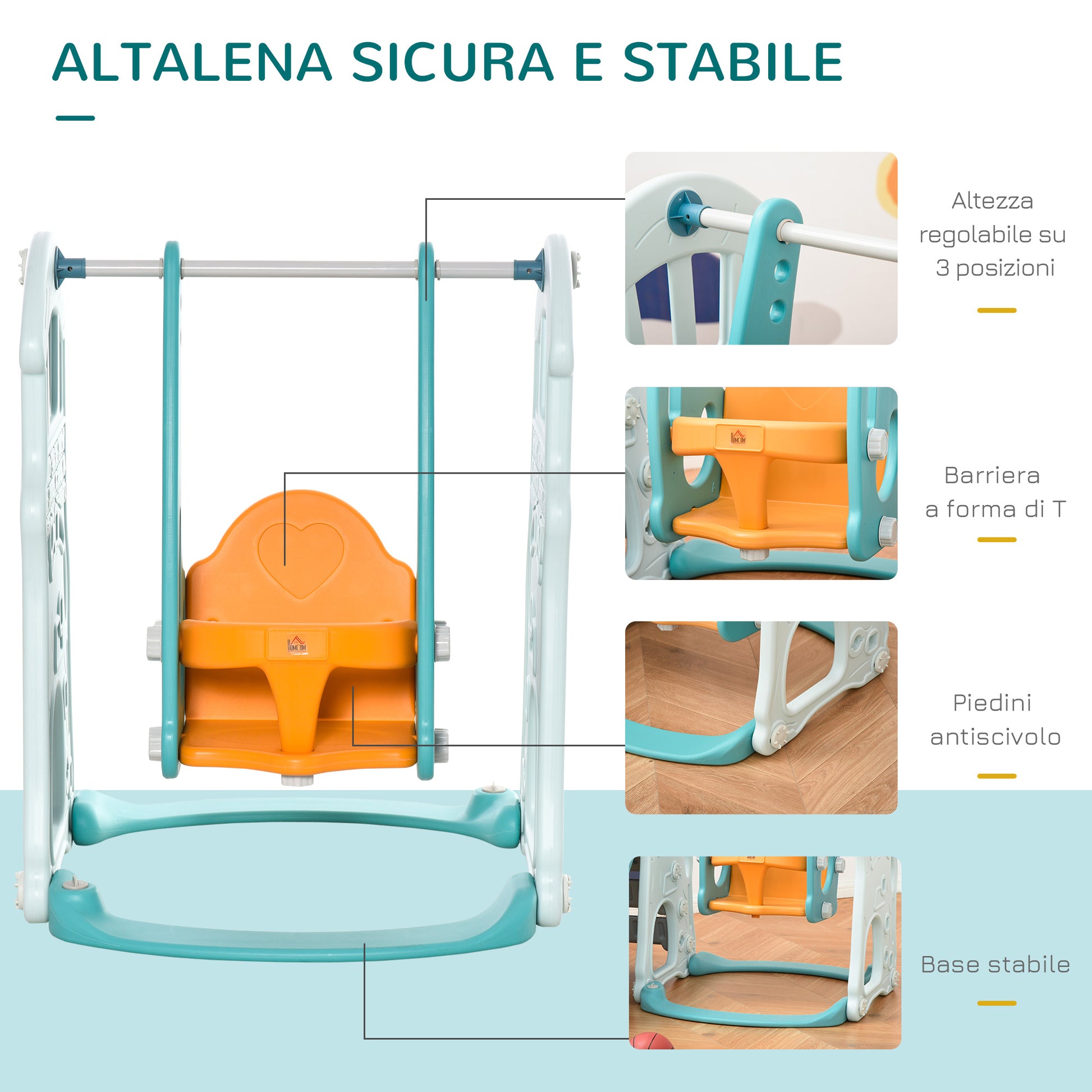 3-in-1 Children's Slide with Adjustable Swing, Basketball Hoop, and Balls for Bedroom and Garden, 149x186x98cm, Blue and Orange