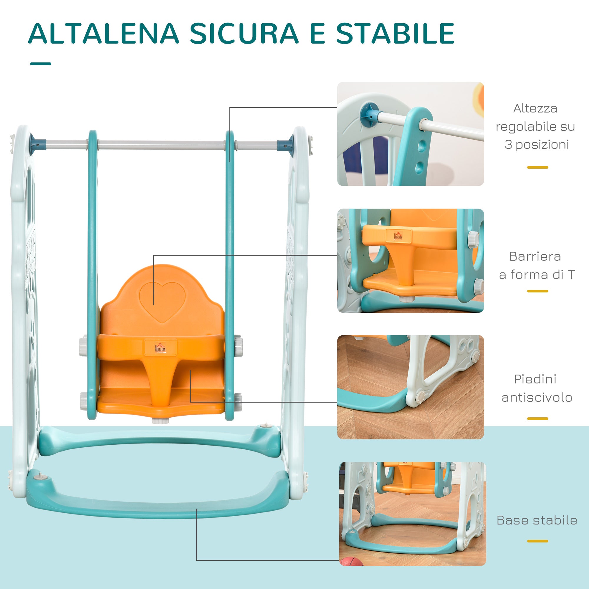 3-in-1 Children's Slide with Adjustable Swing, Basketball Hoop, and Balls for Bedroom and Garden, 149x186x98cm, Blue and Orange