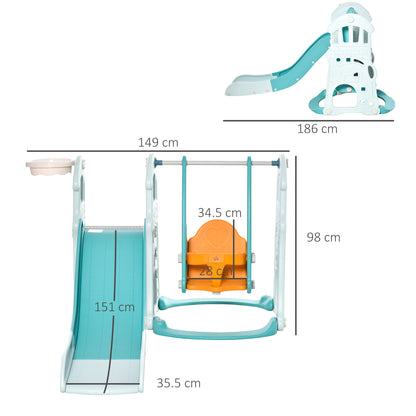 3-in-1 Children's Slide with Adjustable Swing, Basketball Hoop, and Balls for Bedroom and Garden, 149x186x98cm, Blue and Orange