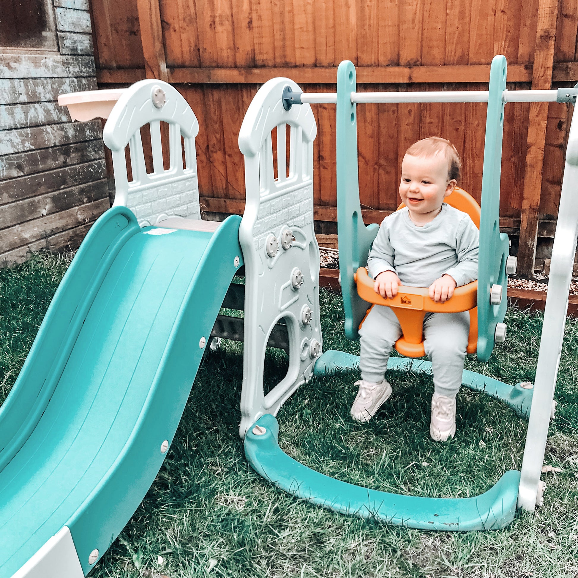 3-in-1 Children's Slide with Adjustable Swing, Basketball Hoop, and Balls for Bedroom and Garden, 149x186x98cm, Blue and Orange