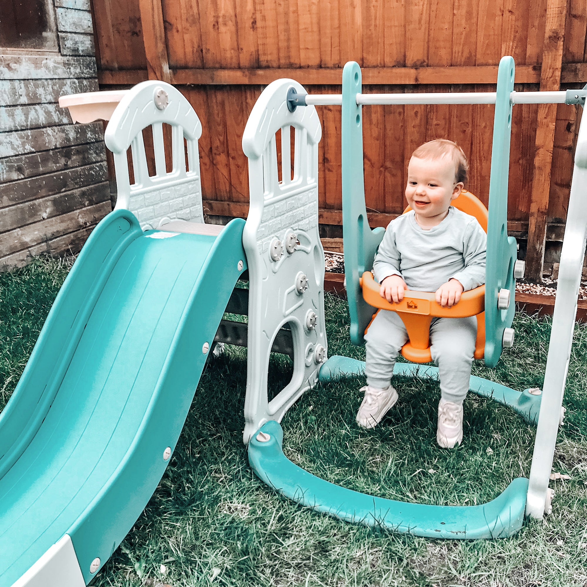 3-in-1 Children's Slide with Adjustable Swing, Basketball Hoop, and Balls for Bedroom and Garden, 149x186x98cm, Blue and Orange