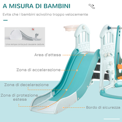 3-in-1 Children's Slide with Adjustable Swing, Basketball Hoop, and Balls for Bedroom and Garden, 149x186x98cm, Blue and Orange