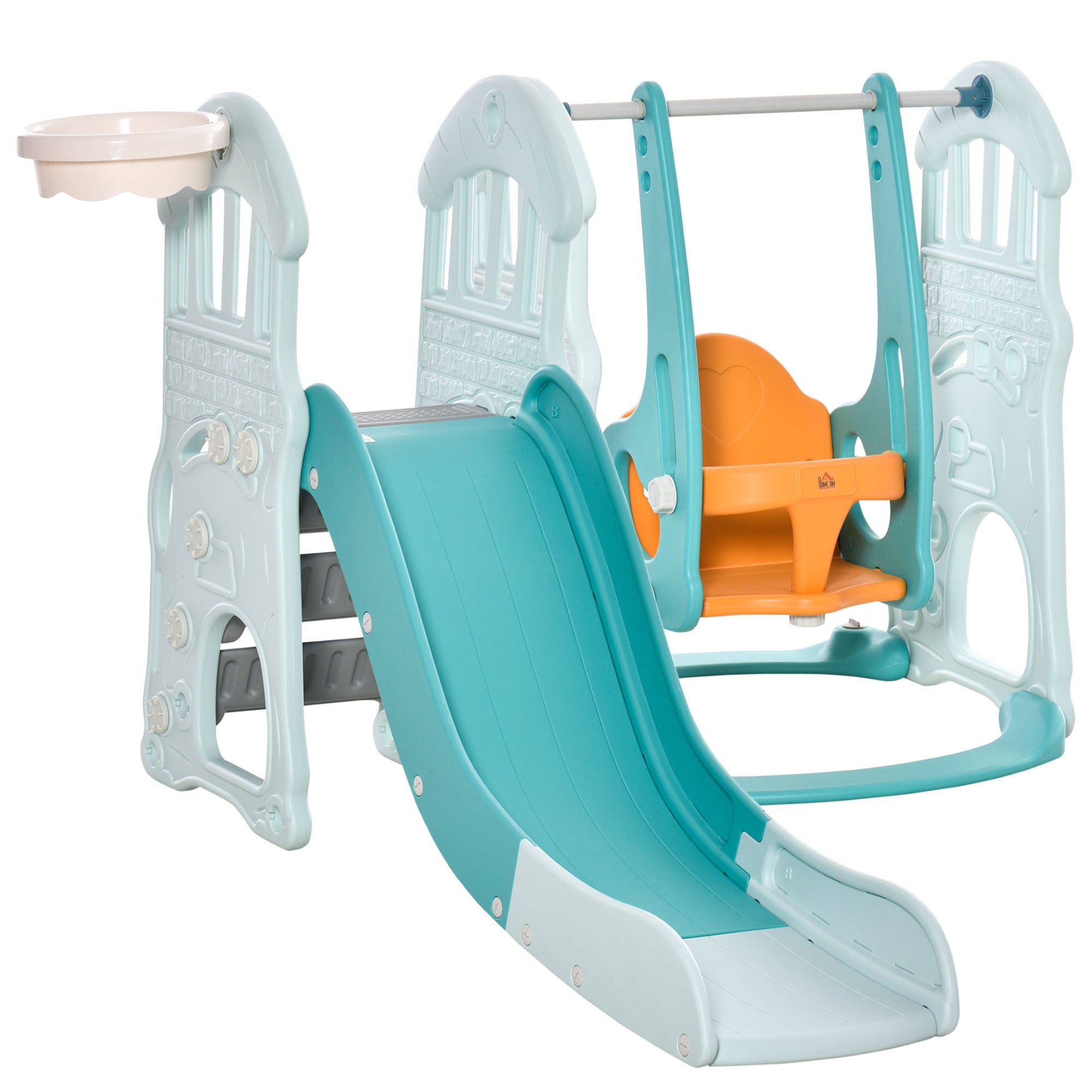 3-in-1 Children's Slide with Adjustable Swing, Basketball Hoop, and Balls for Bedroom and Garden, 149x186x98cm, Blue and Orange