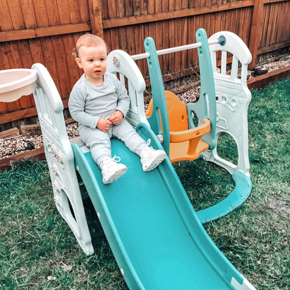 3-in-1 Children's Slide with Adjustable Swing, Basketball Hoop, and Balls for Bedroom and Garden, 149x186x98cm, Blue and Orange