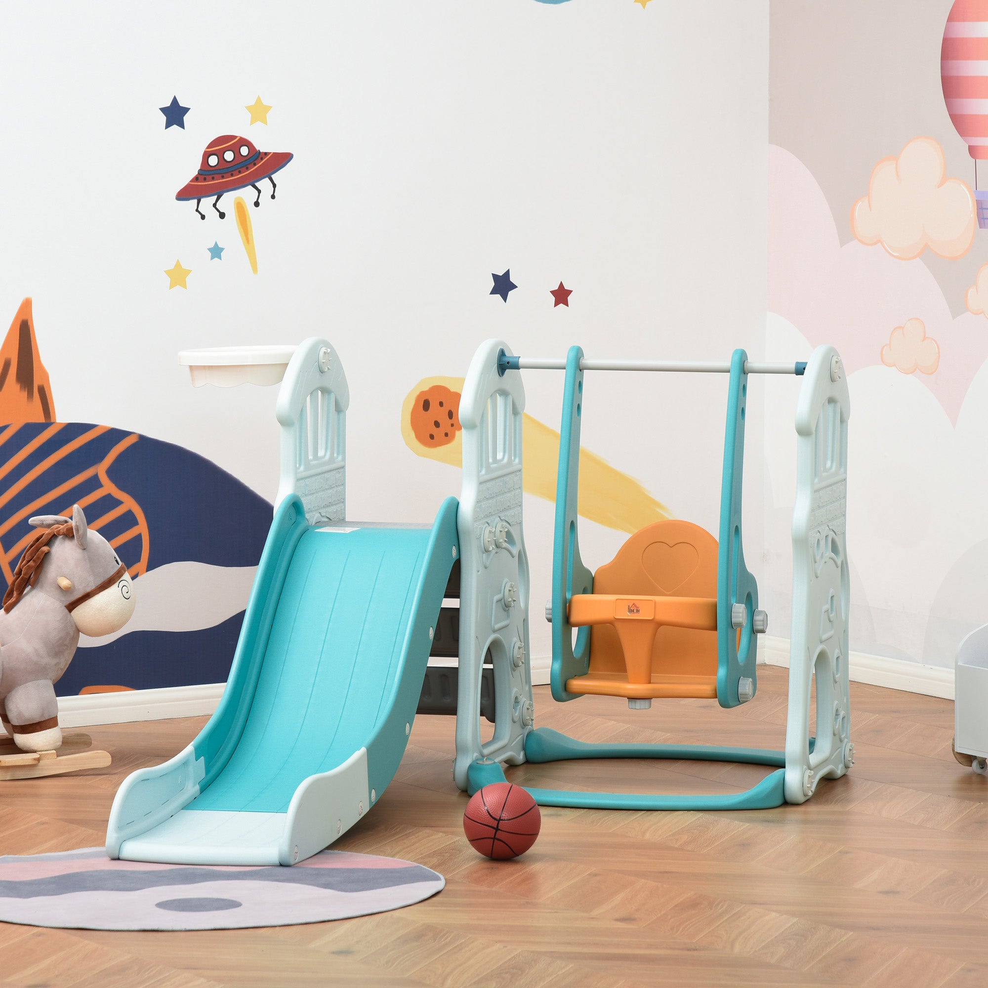 3-in-1 Children's Slide with Adjustable Swing, Basketball Hoop, and Balls for Bedroom and Garden, 149x186x98cm, Blue and Orange