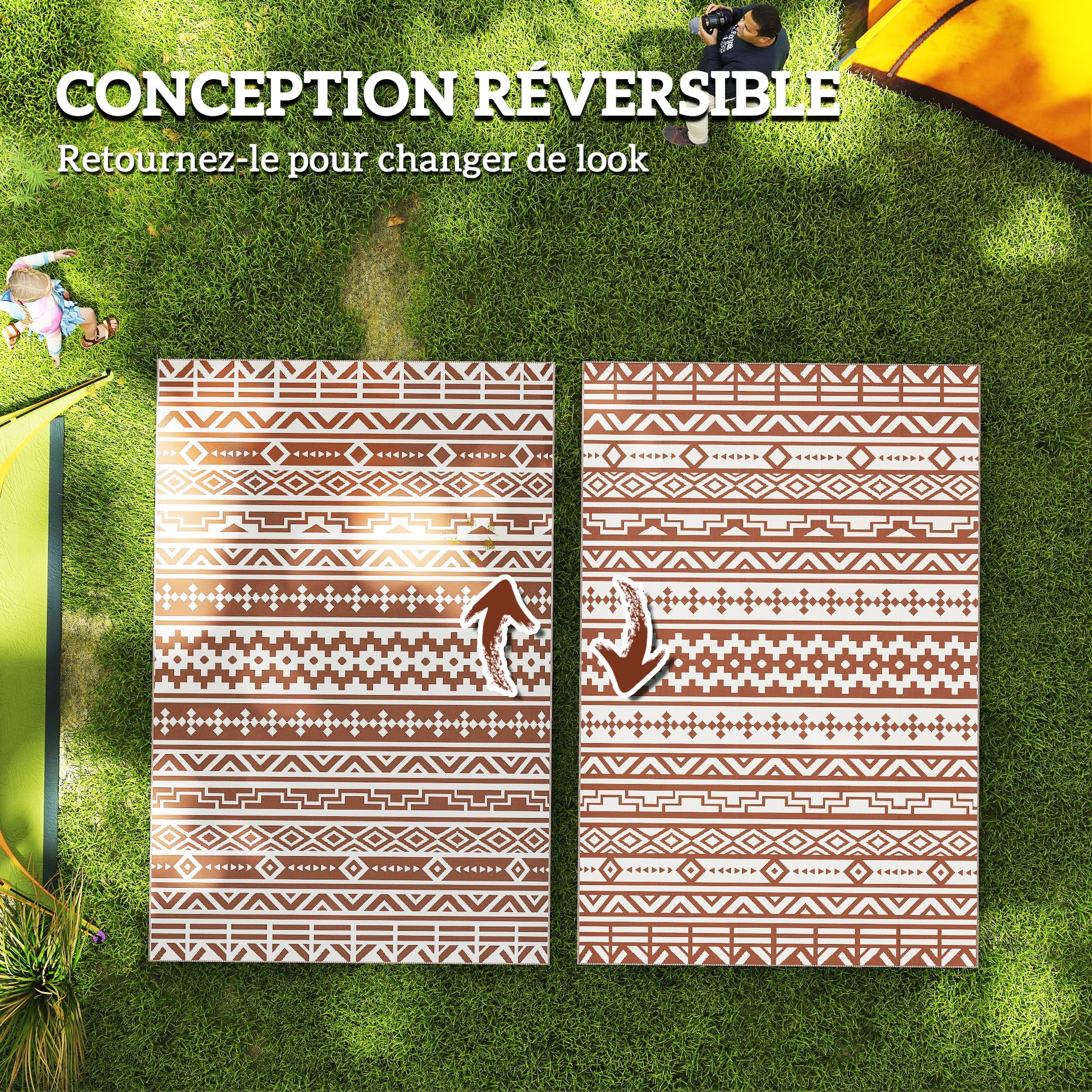 Reversible Outdoor Rug 1.8 x 2.7 m, weather-resistant PP geometric wall pattern floor mat, includes carry bag, outdoor terrace rug, red and white