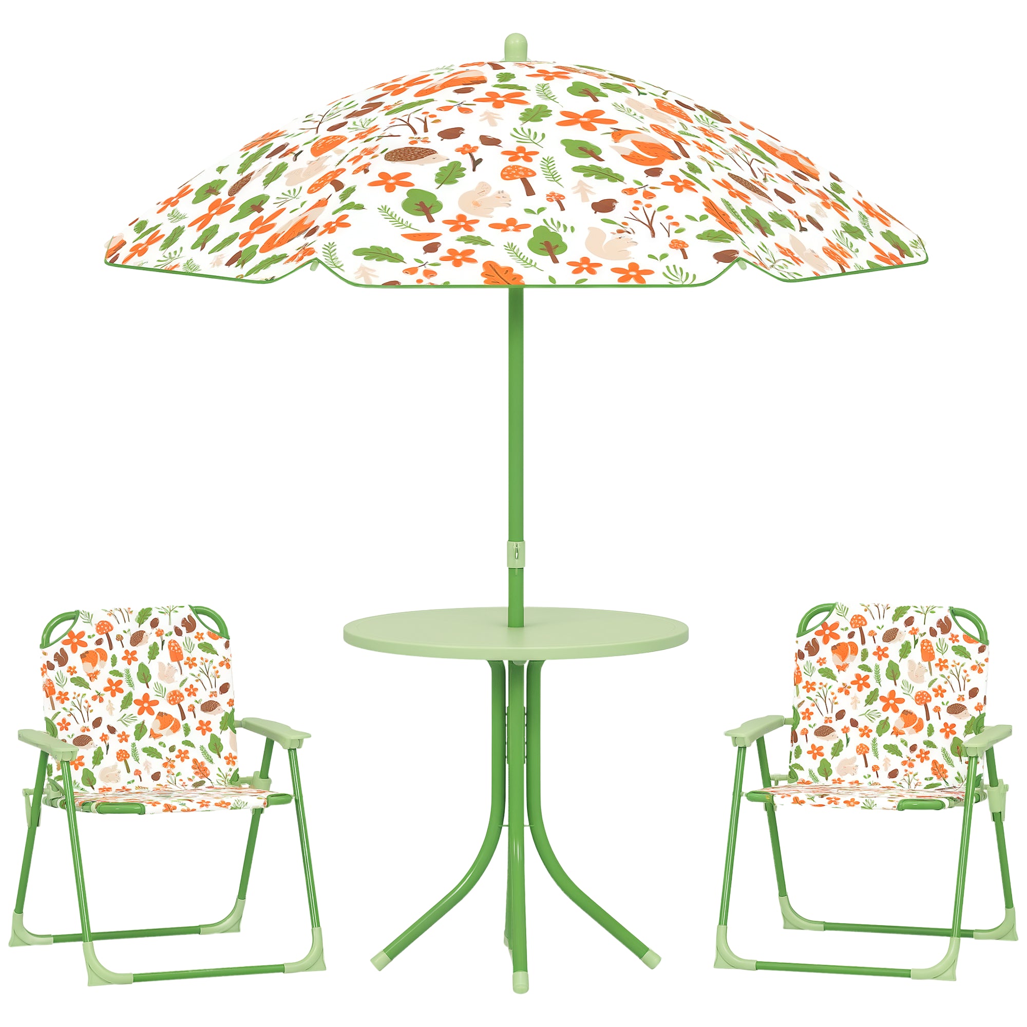 Children's Garden Table and Chairs Set 4-Piece Kids Table with Folding Chairs Adjustable Umbrella Fox Design for Patio Picnic Green