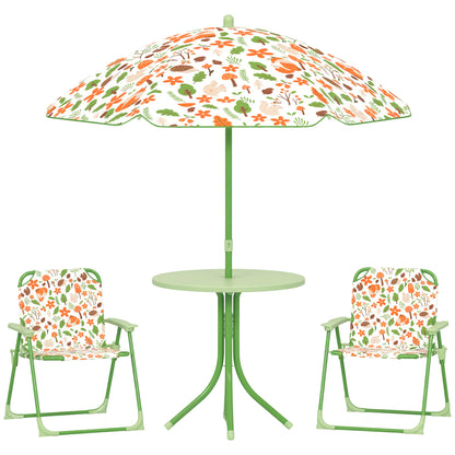 Children's Garden Table and Chairs Set 4-Piece Kids Table with Folding Chairs Adjustable Umbrella Fox Design for Patio Picnic Green