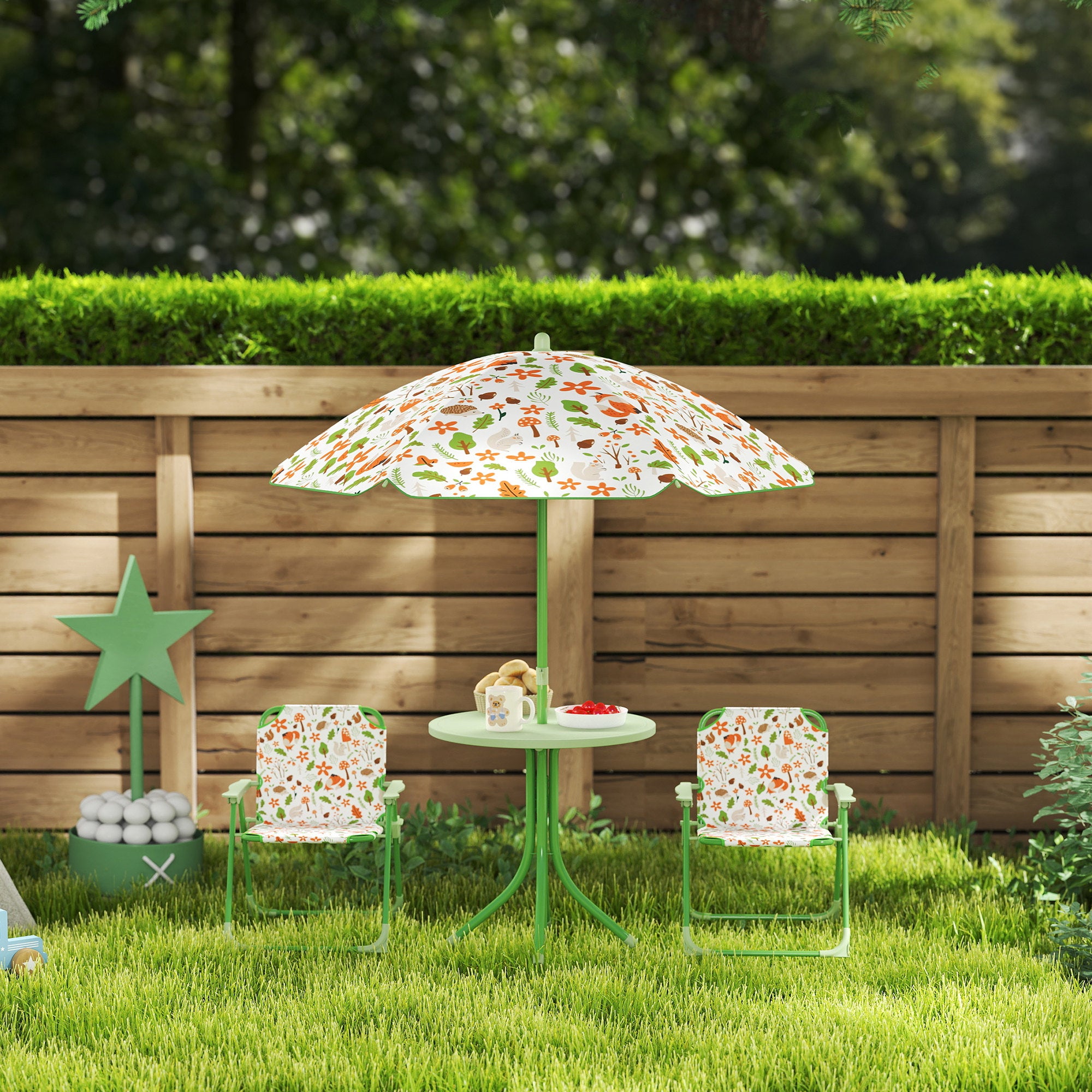 Children's Garden Table and Chairs Set 4-Piece Kids Table with Folding Chairs Adjustable Umbrella Fox Design for Patio Picnic Green