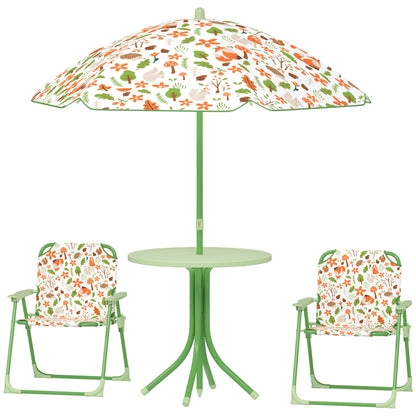 Children's Garden Table and Chairs Set 4-Piece Kids Table with Folding Chairs Adjustable Umbrella Fox Design for Patio Picnic Green