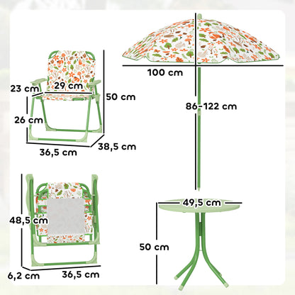 Children's Garden Table and Chairs Set 4-Piece Kids Table with Folding Chairs Adjustable Umbrella Fox Design for Patio Picnic Green