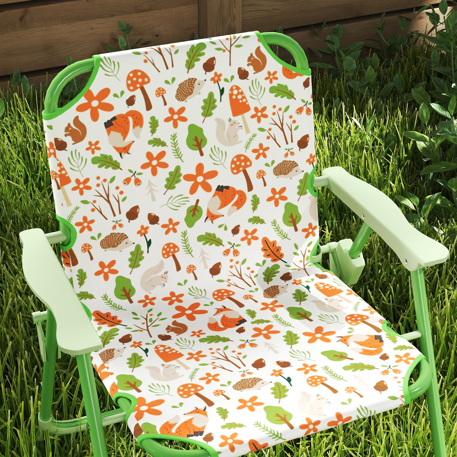 Children's Garden Table and Chairs Set 4-Piece Kids Table with Folding Chairs Adjustable Umbrella Fox Design for Patio Picnic Green