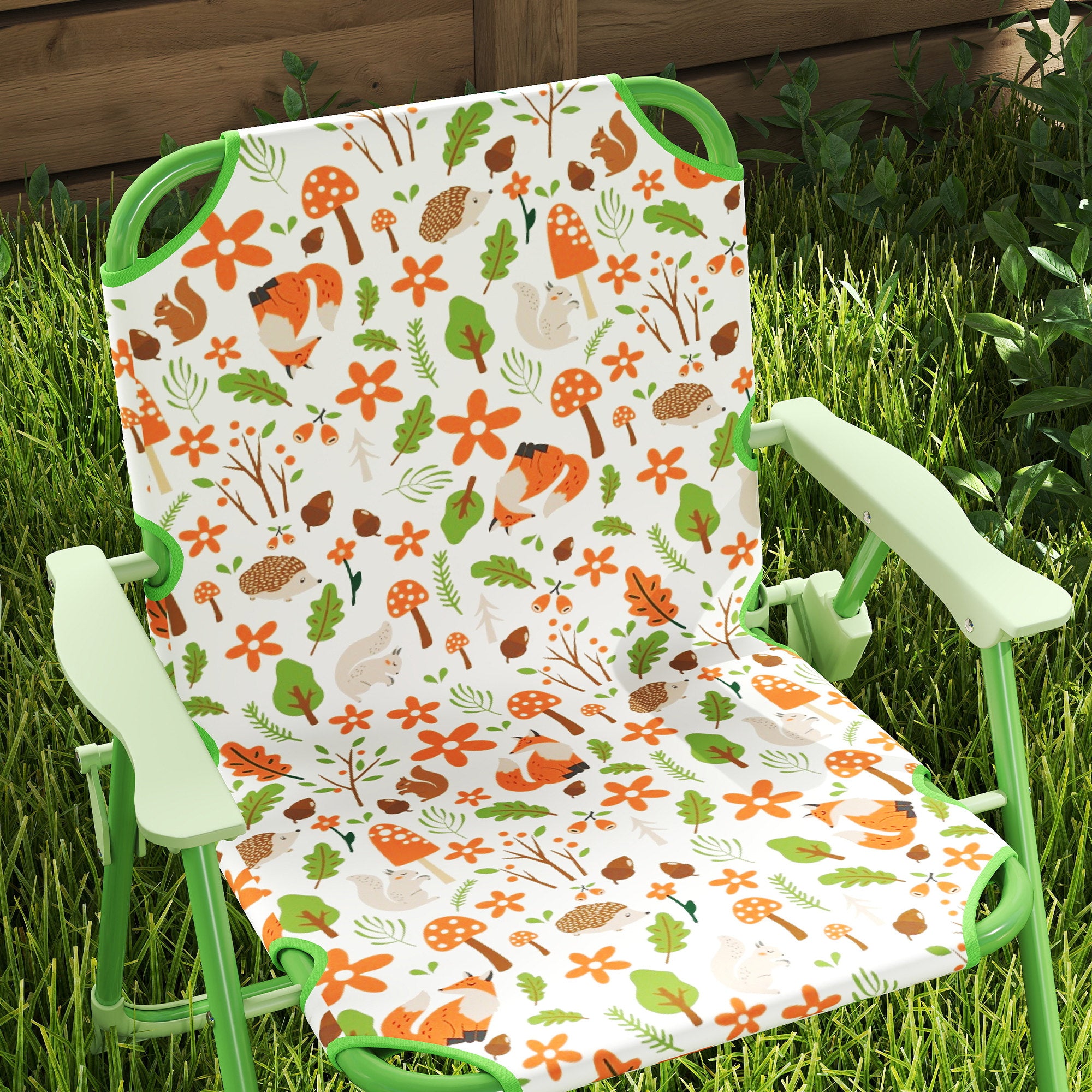 Children's Garden Table and Chairs Set 4-Piece Kids Table with Folding Chairs Adjustable Umbrella Fox Design for Patio Picnic Green