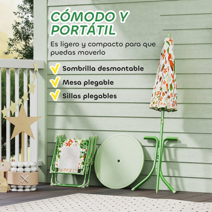 Children's Garden Table and Chairs Set 4-Piece Kids Table with Folding Chairs Adjustable Umbrella Fox Design for Patio Picnic Green