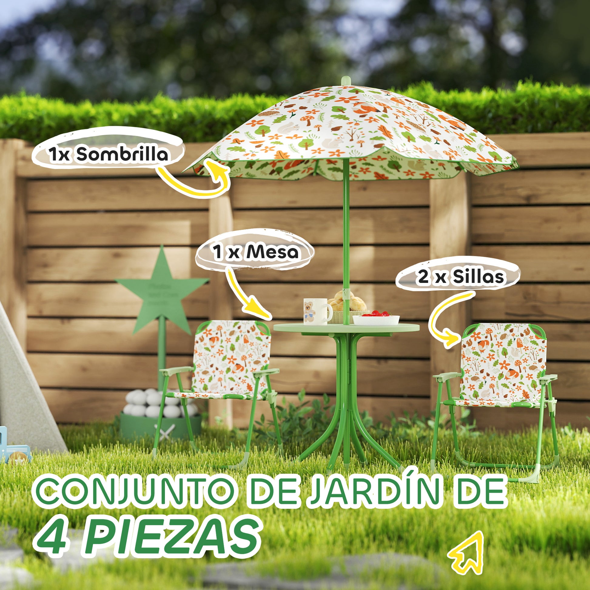 Children's Garden Table and Chairs Set 4-Piece Kids Table with Folding Chairs Adjustable Umbrella Fox Design for Patio Picnic Green