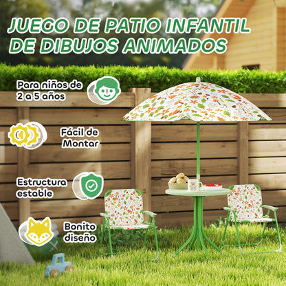 Children's Garden Table and Chairs Set 4-Piece Kids Table with Folding Chairs Adjustable Umbrella Fox Design for Patio Picnic Green