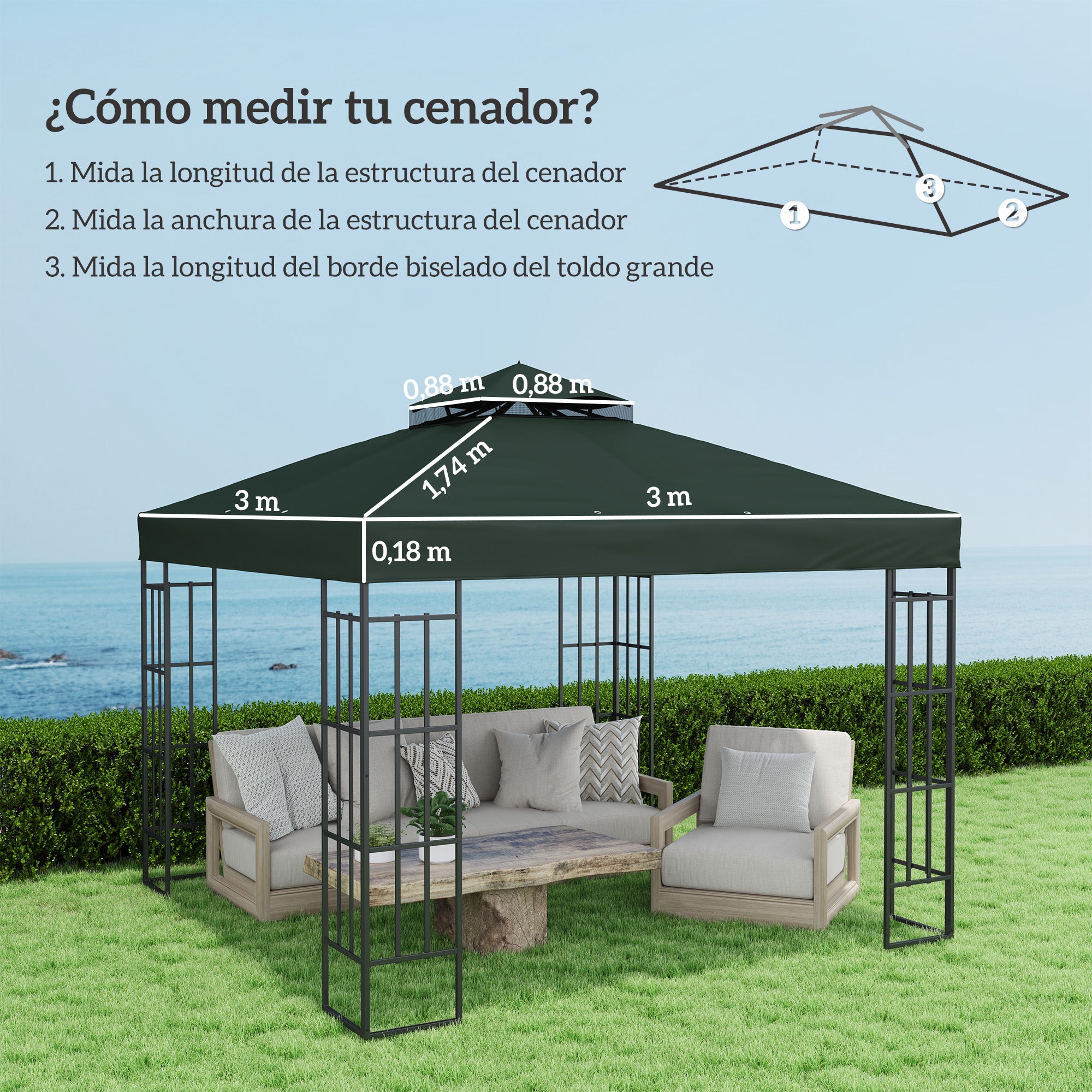 Replacement Canopy for Gazebo 3x3 m Replacement Cover 370g/㎡ with Double Roof with Mosquito Net UV Protection 30+ Replacement Canopy for Gazebo Green