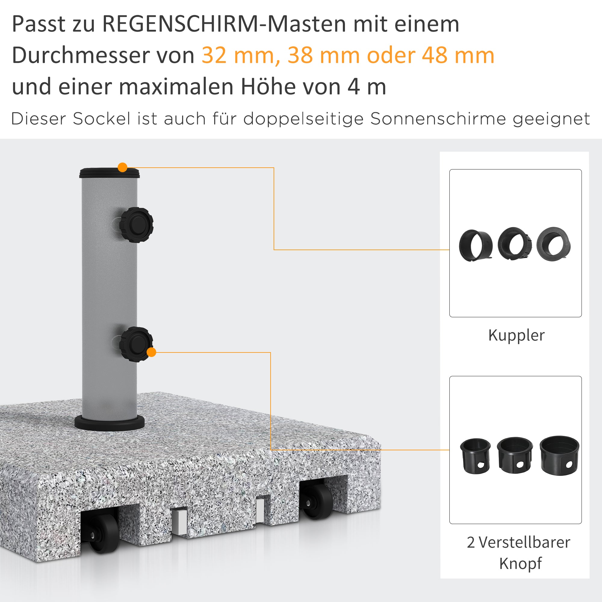 Granite Umbrella Stand 28kg Umbrella Base with Two Rotating Knobs on the Stand for Mast Diameter Ø 32/38/48 mm, Umbrella Stand with Wheels for Garden, Balcony, Granite, Gray