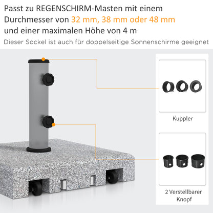 Granite Umbrella Stand 28kg Umbrella Base with Two Rotating Knobs on the Stand for Mast Diameter Ø 32/38/48 mm, Umbrella Stand with Wheels for Garden, Balcony, Granite, Gray