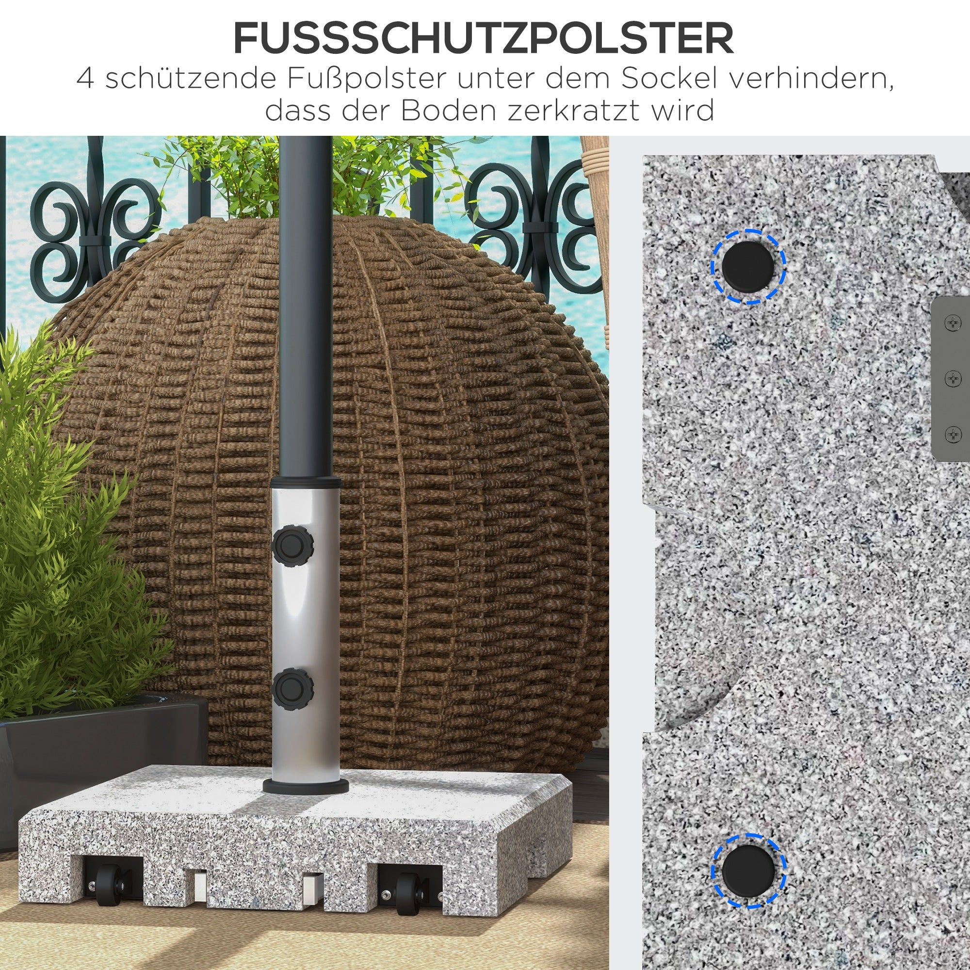 Granite Umbrella Stand 28kg Umbrella Base with Two Rotating Knobs on the Stand for Mast Diameter Ø 32/38/48 mm, Umbrella Stand with Wheels for Garden, Balcony, Granite, Gray