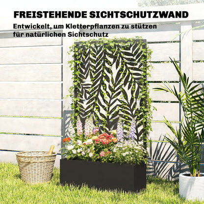 Metal Planter with Trellis and Tropical Leaf Privacy Panel, 61 x 23 x 113 cm (24 x 9.1 x 44.5 in), Black