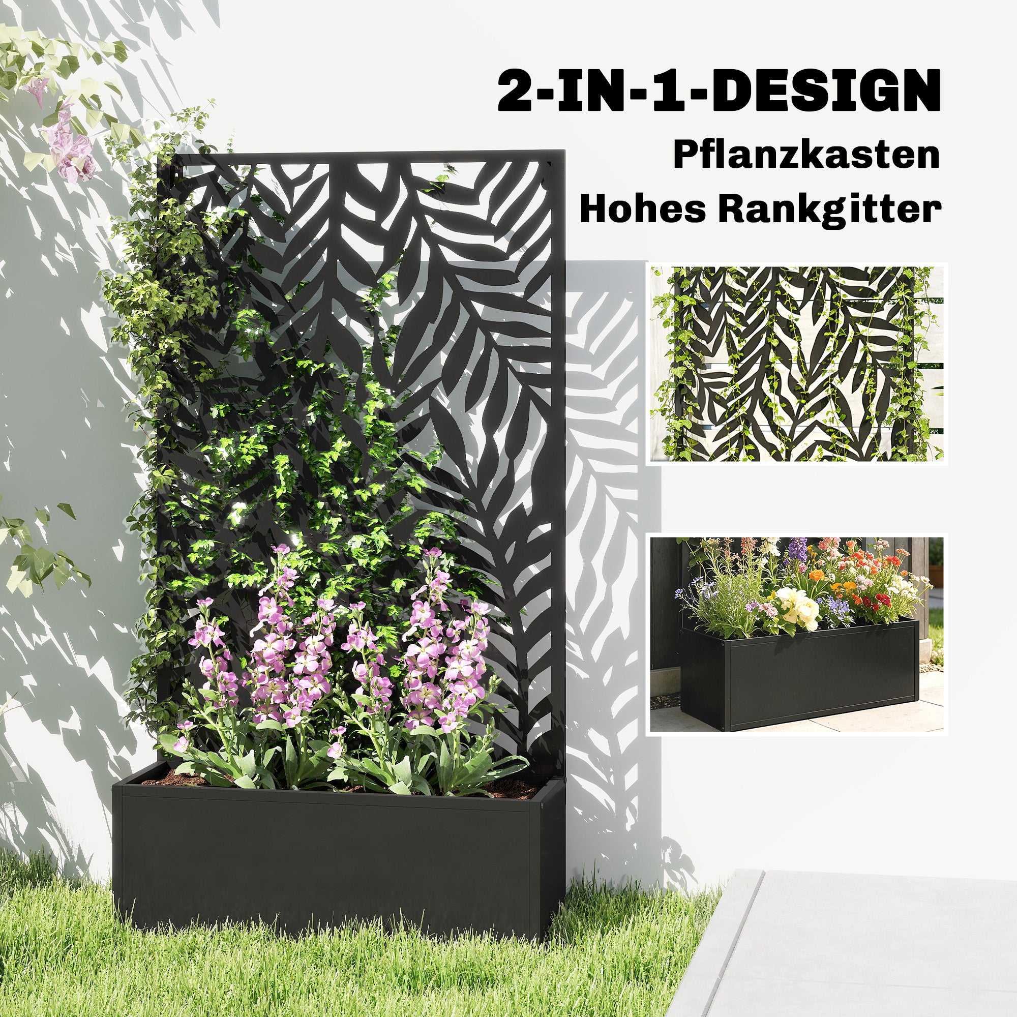 Metal Planter with Trellis and Tropical Leaf Privacy Panel, 61 x 23 x 113 cm (24 x 9.1 x 44.5 in), Black