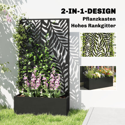 Metal Planter with Trellis and Tropical Leaf Privacy Panel, 61 x 23 x 113 cm (24 x 9.1 x 44.5 in), Black
