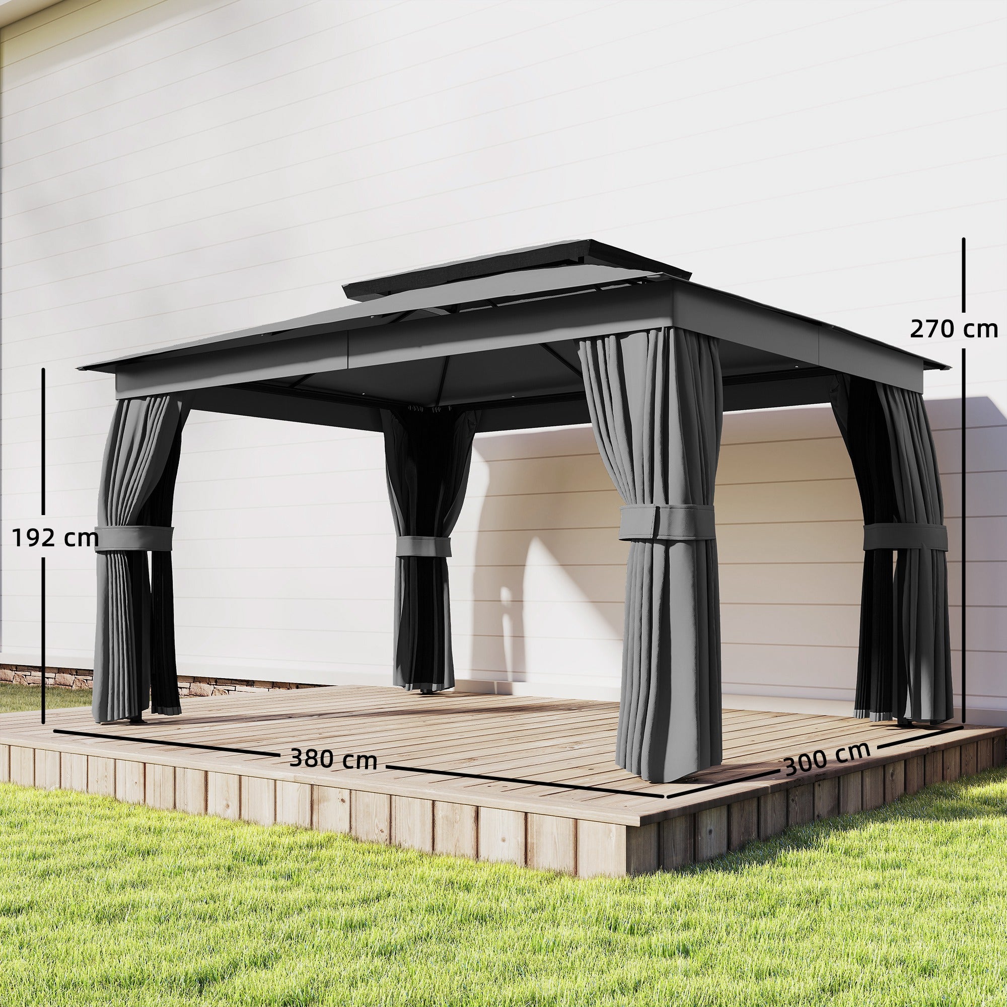 Gazebo 3.8 x 3 m — Water-Resistant, Stable, Weather-Resistant Garden Gazebo with Double Roof, Curtains & Mosquito Net, Party Tent with Hooks, Metal Frame, Dark Gray
