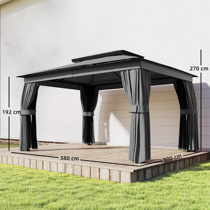Gazebo 3.8 x 3 m — Water-Resistant, Stable, Weather-Resistant Garden Gazebo with Double Roof, Curtains & Mosquito Net, Party Tent with Hooks, Metal Frame, Dark Gray