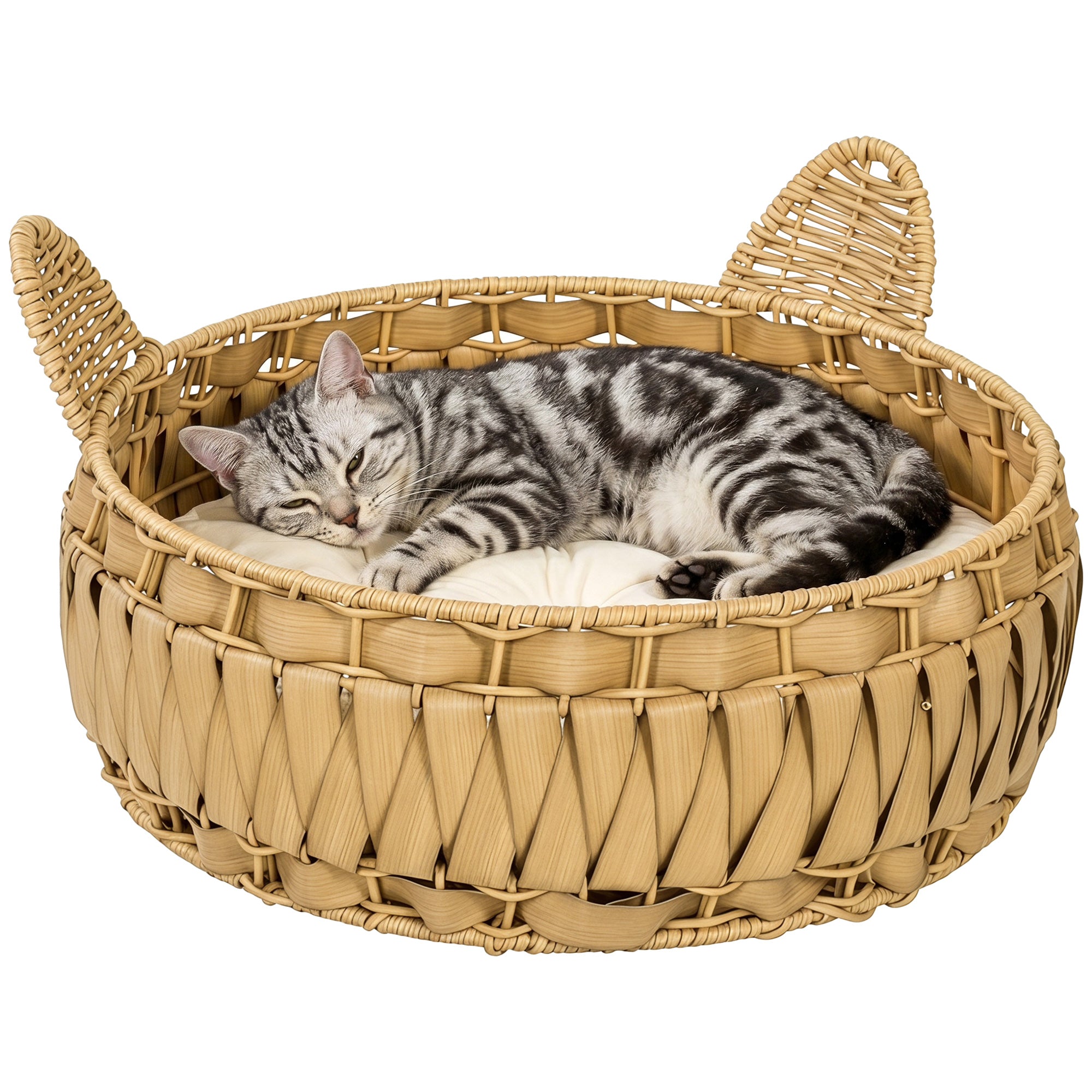 Rattan Cat Bed with Removable Cushion — Cat Cave for Cats up to 22 lb, 19.7" x 19.7" x 9.8", Light Brown