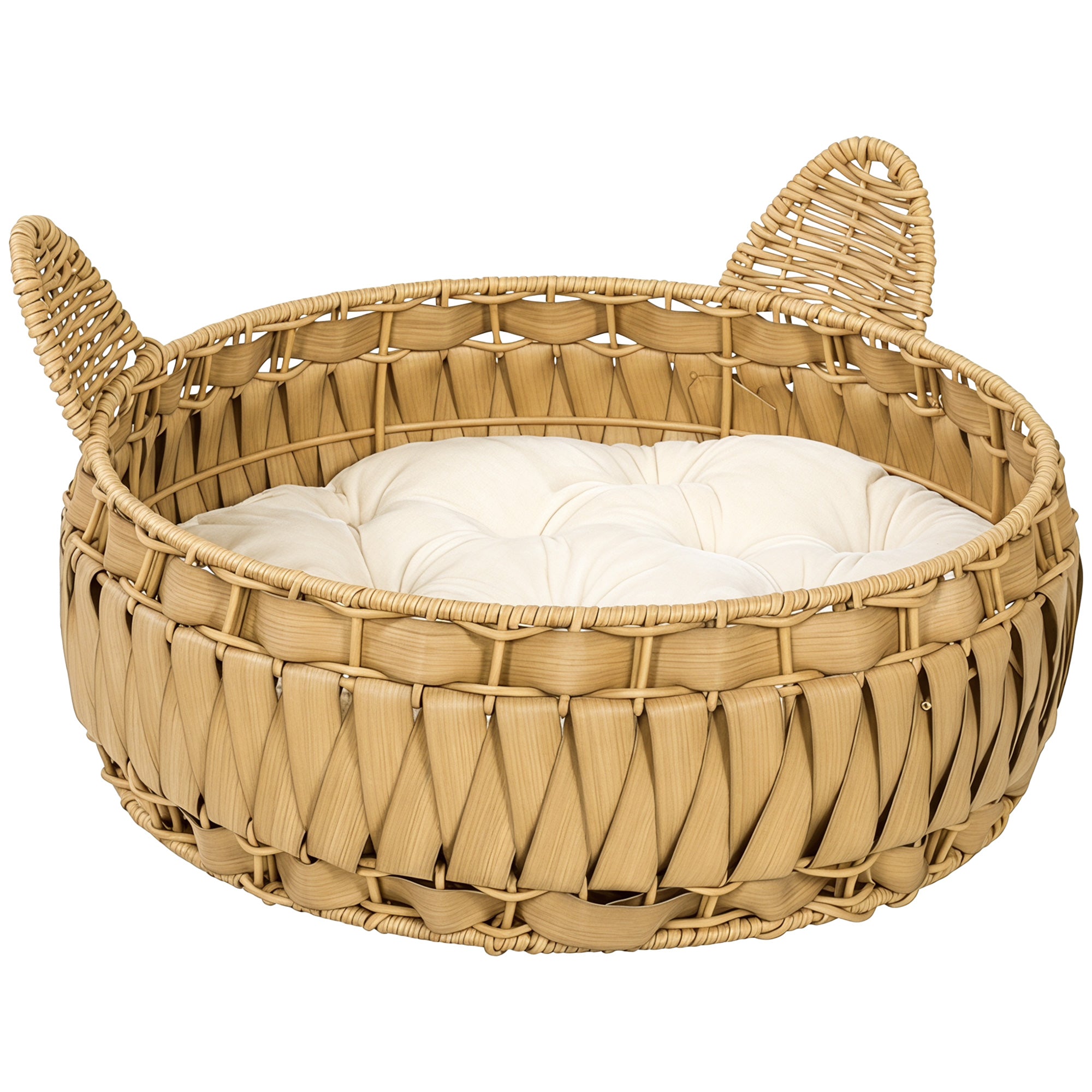 Rattan Cat Bed with Removable Cushion — Cat Cave for Cats up to 22 lb, 19.7" x 19.7" x 9.8", Light Brown