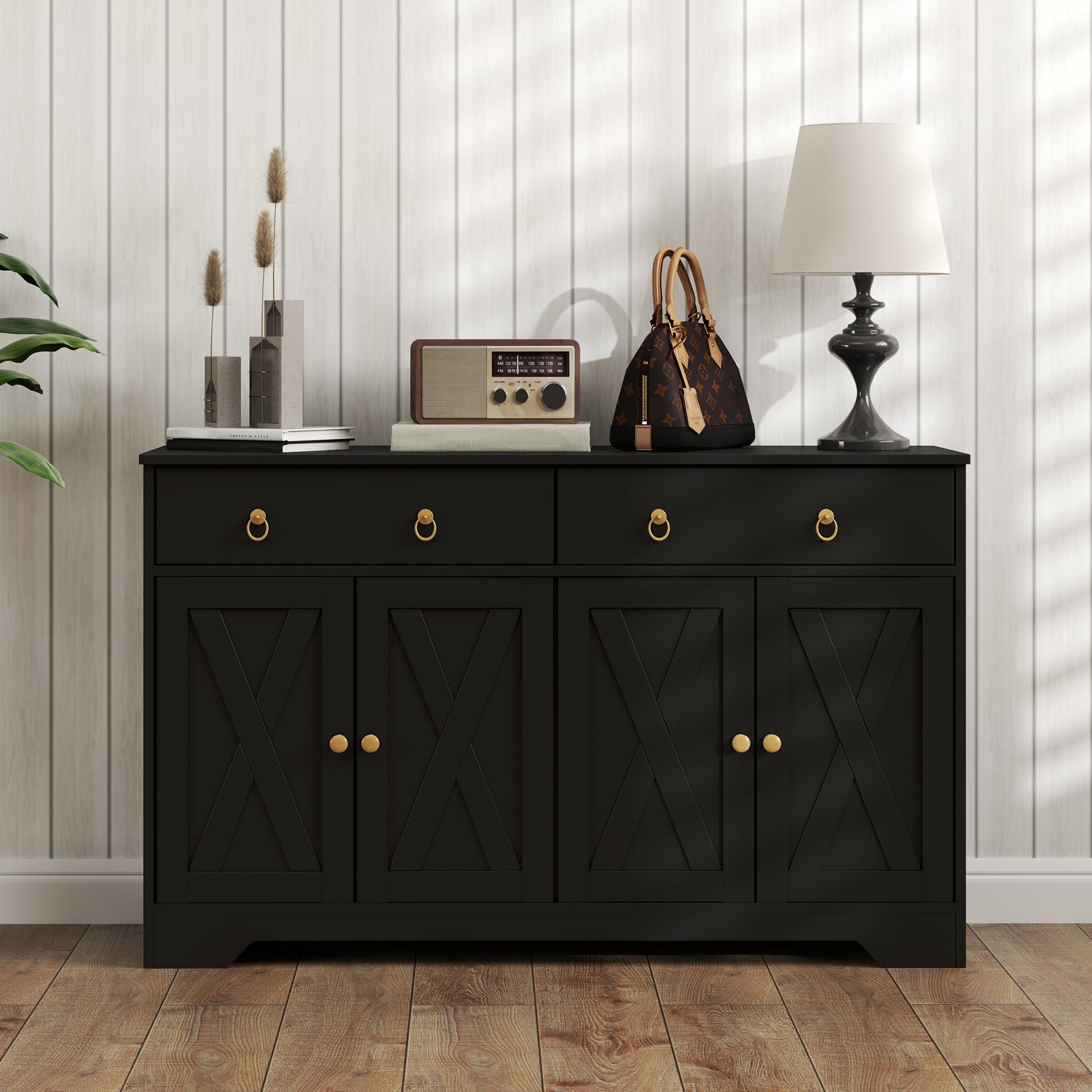 Buffet storage cabinet kitchen cabinet country style 2 drawers and 2 cabinets with adjustable height shelves - dim. 121L x 37W x 75H cm black