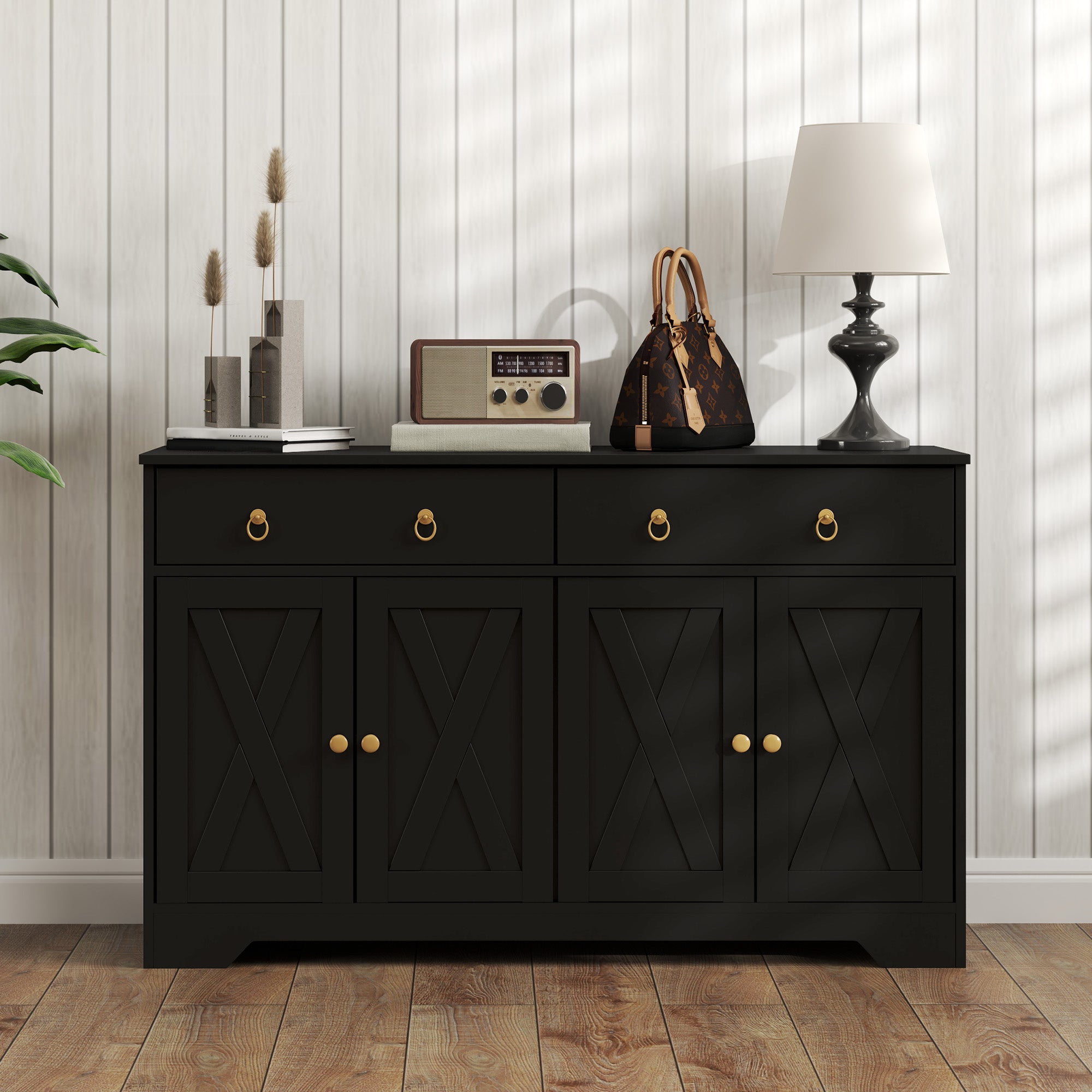 Buffet storage cabinet kitchen cabinet country style 2 drawers and 2 cabinets with adjustable height shelves - dim. 121L x 37W x 75H cm black
