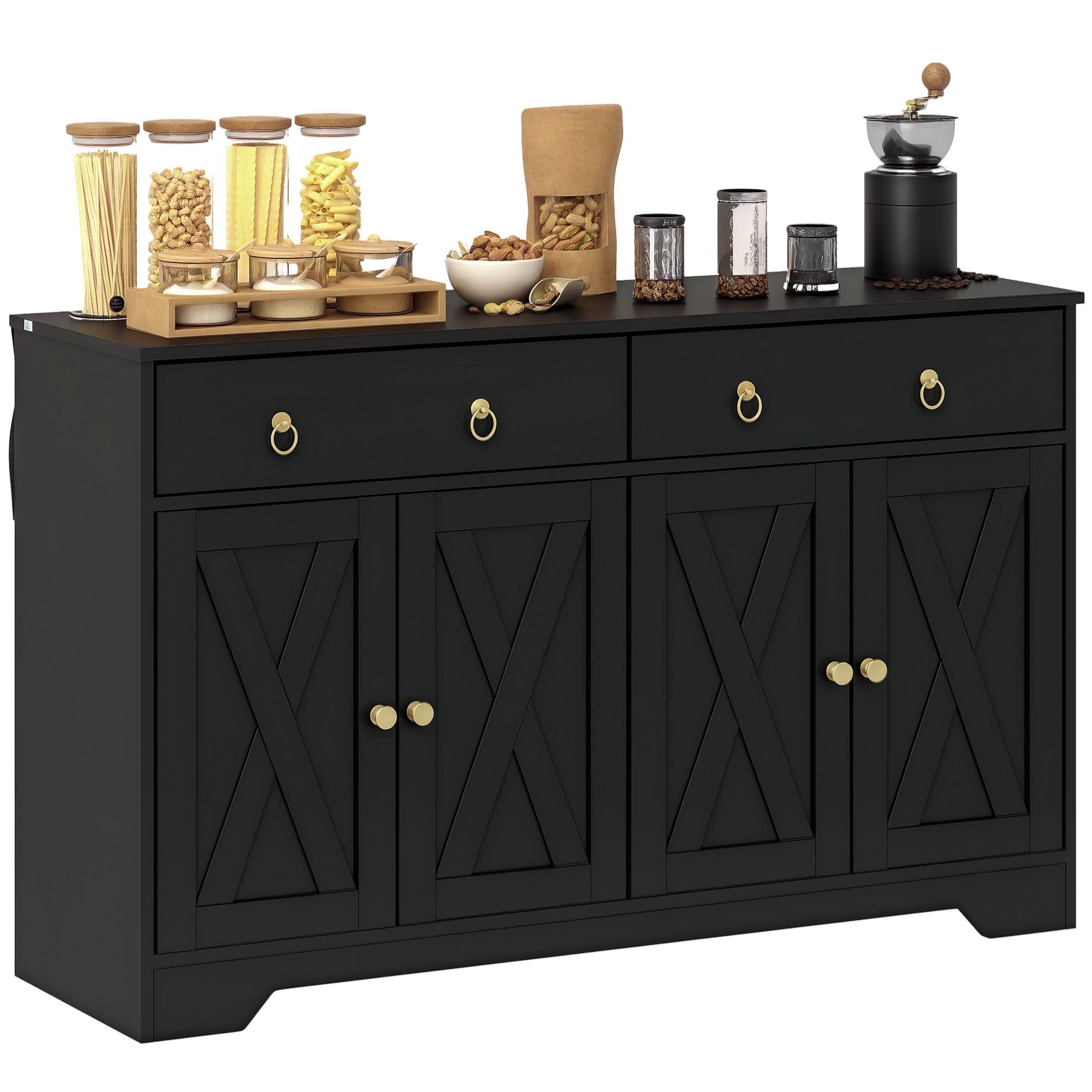 Buffet storage cabinet kitchen cabinet country style 2 drawers and 2 cabinets with adjustable height shelves - dim. 121L x 37W x 75H cm black