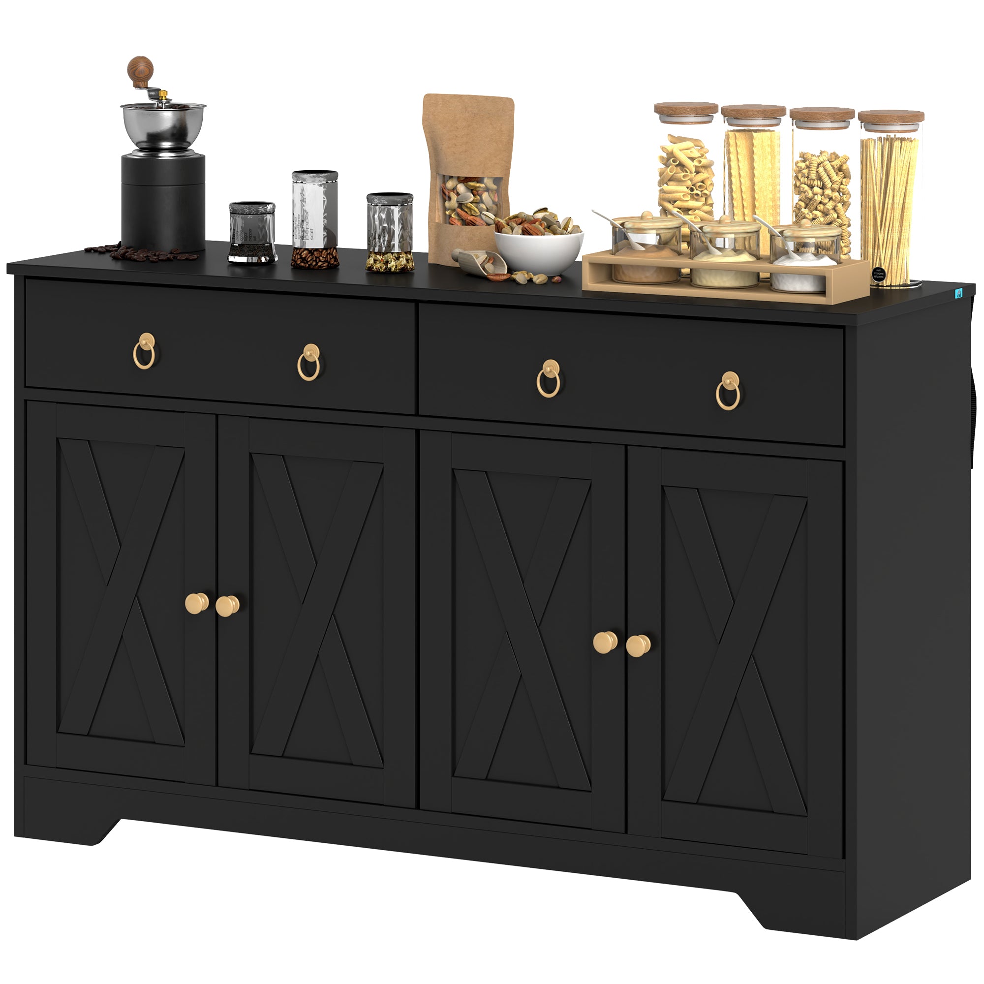 Buffet storage cabinet kitchen cabinet country style 2 drawers and 2 cabinets with adjustable height shelves - dim. 121L x 37W x 75H cm black