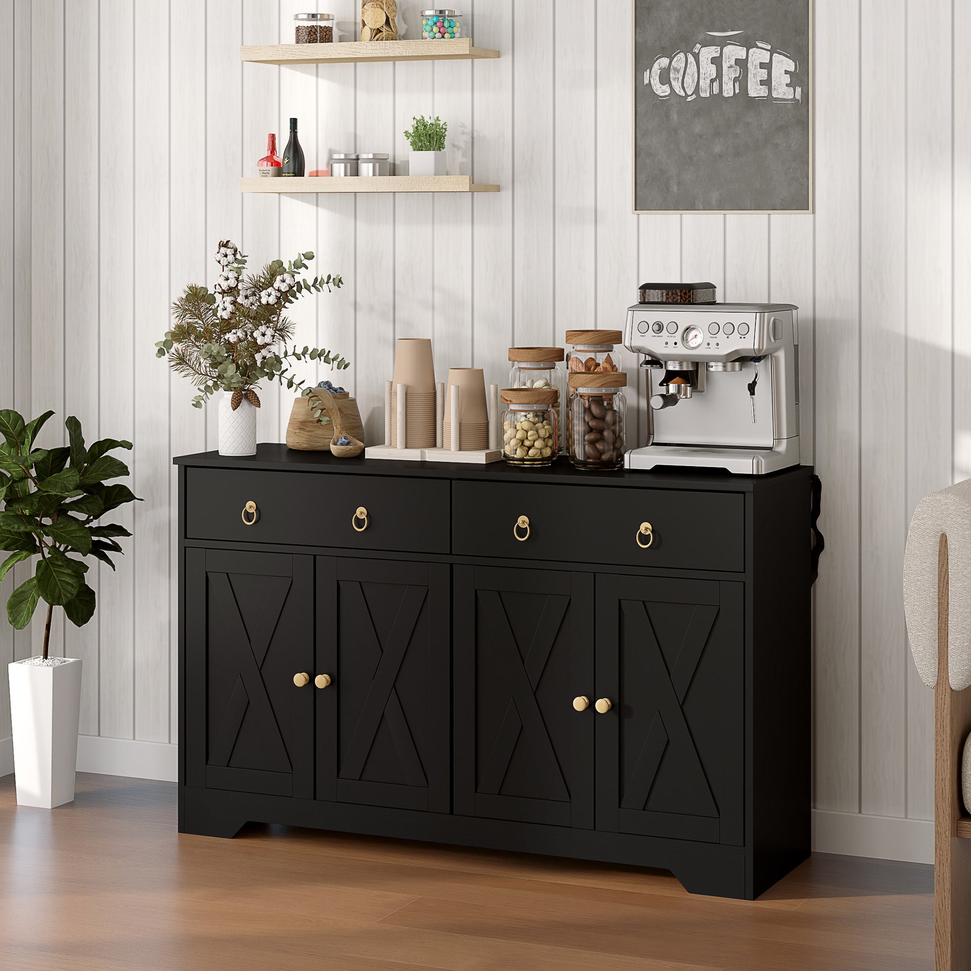 Buffet storage cabinet kitchen cabinet country style 2 drawers and 2 cabinets with adjustable height shelves - dim. 121L x 37W x 75H cm black