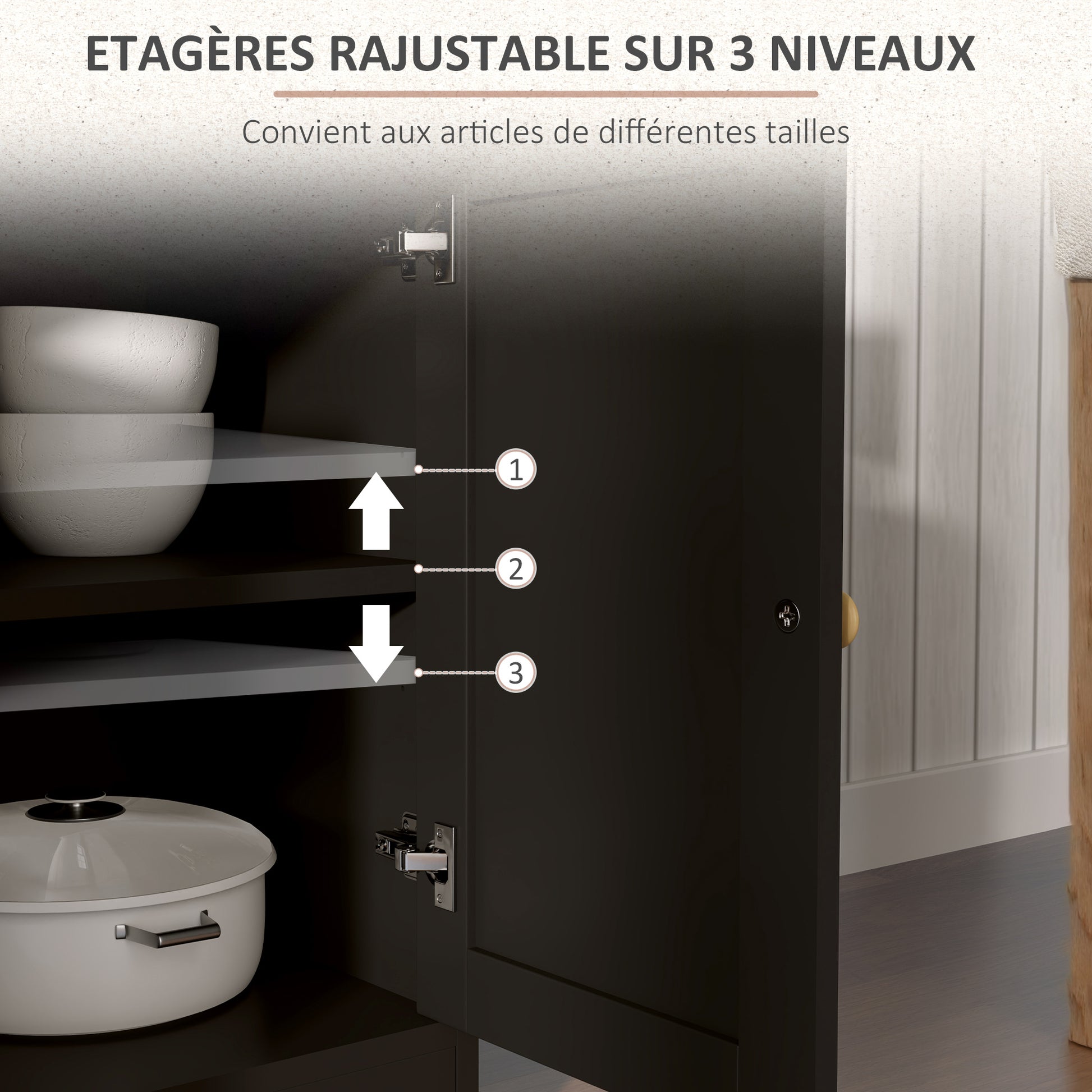 Buffet storage cabinet kitchen cabinet country style 2 drawers and 2 cabinets with adjustable height shelves - dim. 121L x 37W x 75H cm black