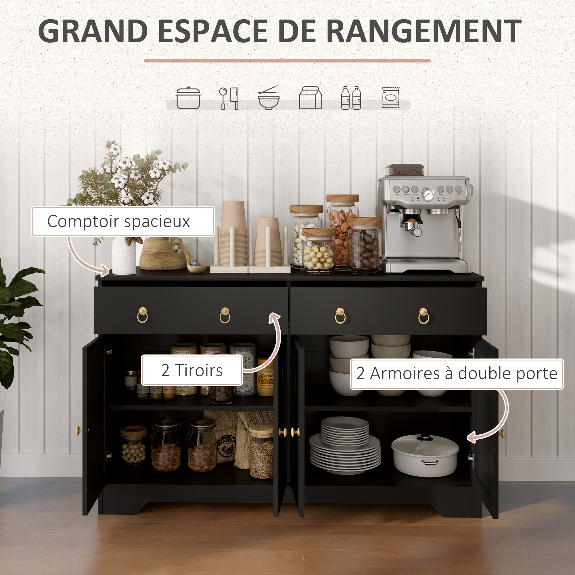 Buffet storage cabinet kitchen cabinet country style 2 drawers and 2 cabinets with adjustable height shelves - dim. 121L x 37W x 75H cm black