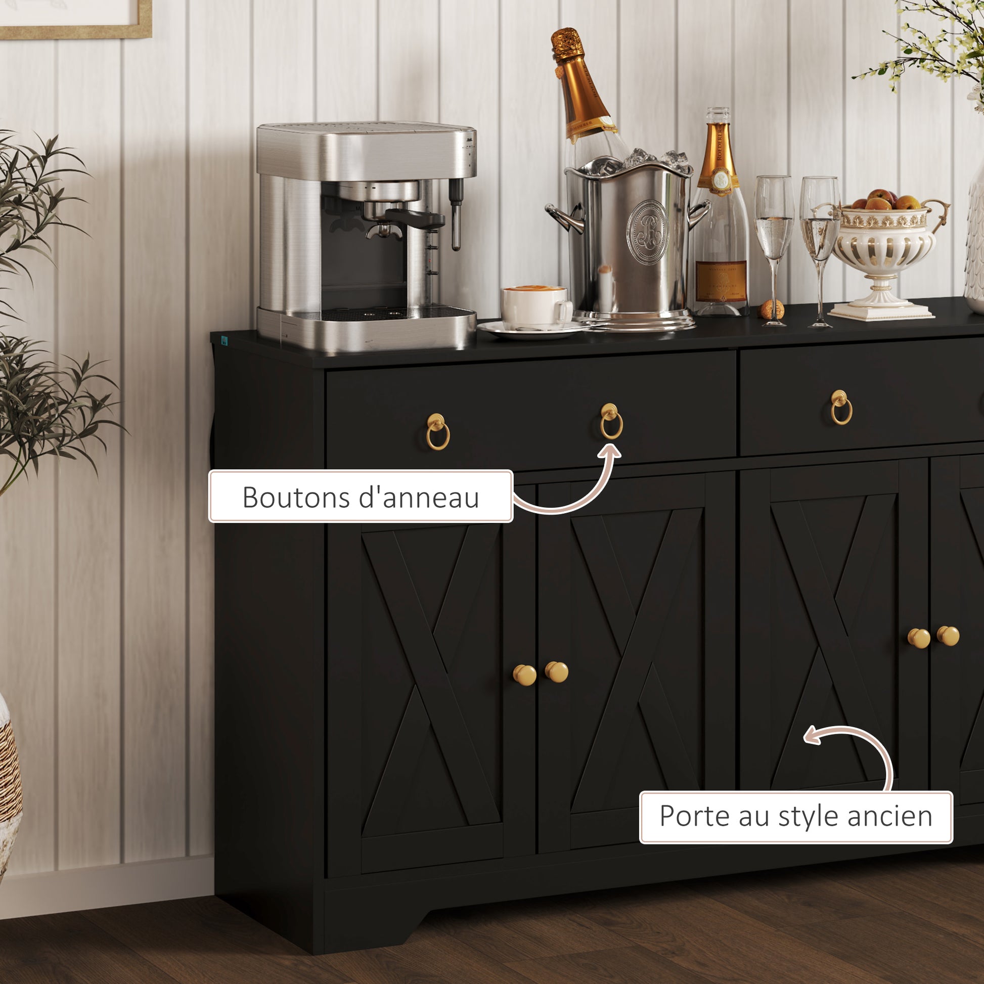 Buffet storage cabinet kitchen cabinet country style 2 drawers and 2 cabinets with adjustable height shelves - dim. 121L x 37W x 75H cm black