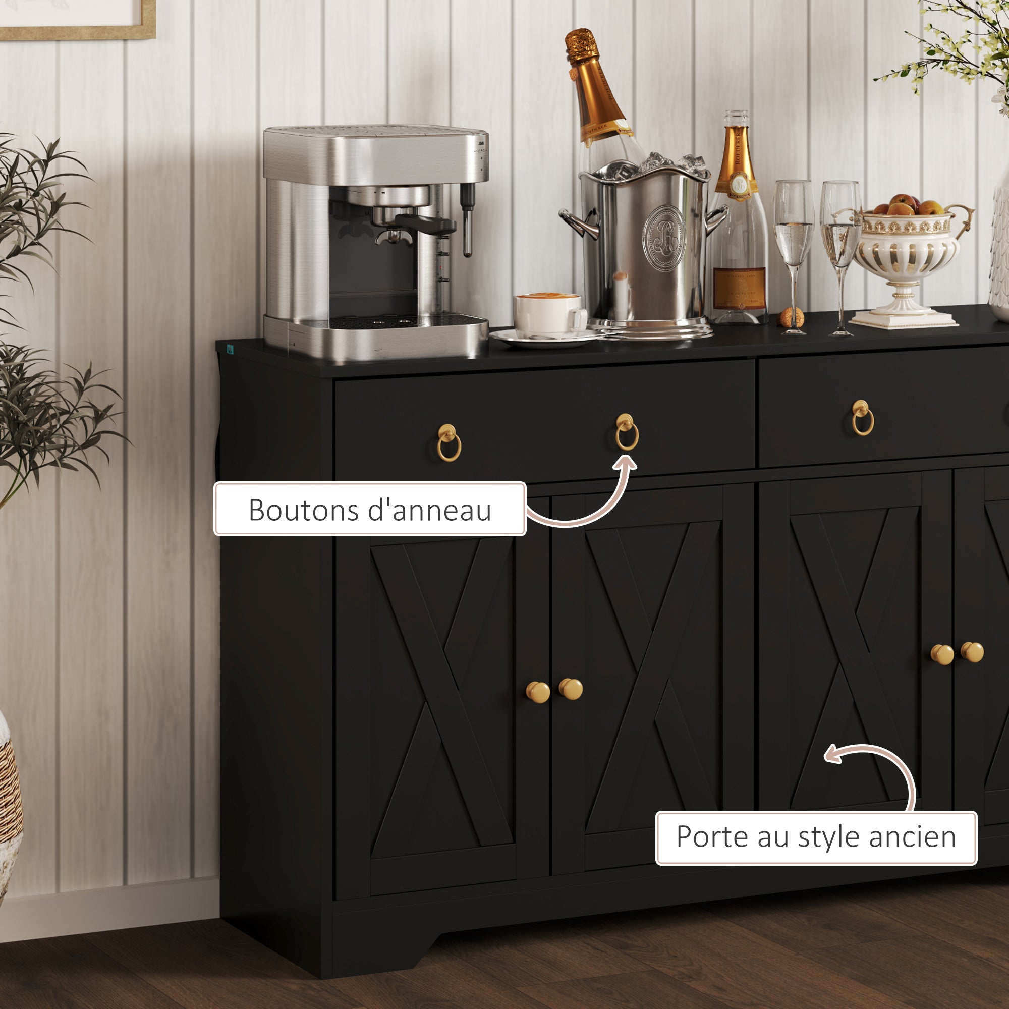 Buffet storage cabinet kitchen cabinet country style 2 drawers and 2 cabinets with adjustable height shelves - dim. 121L x 37W x 75H cm black
