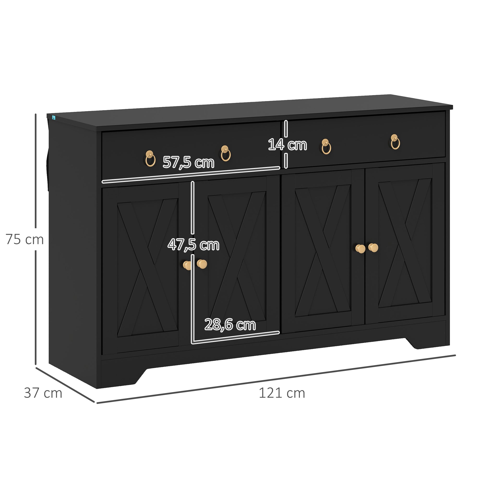 Buffet storage cabinet kitchen cabinet country style 2 drawers and 2 cabinets with adjustable height shelves - dim. 121L x 37W x 75H cm black