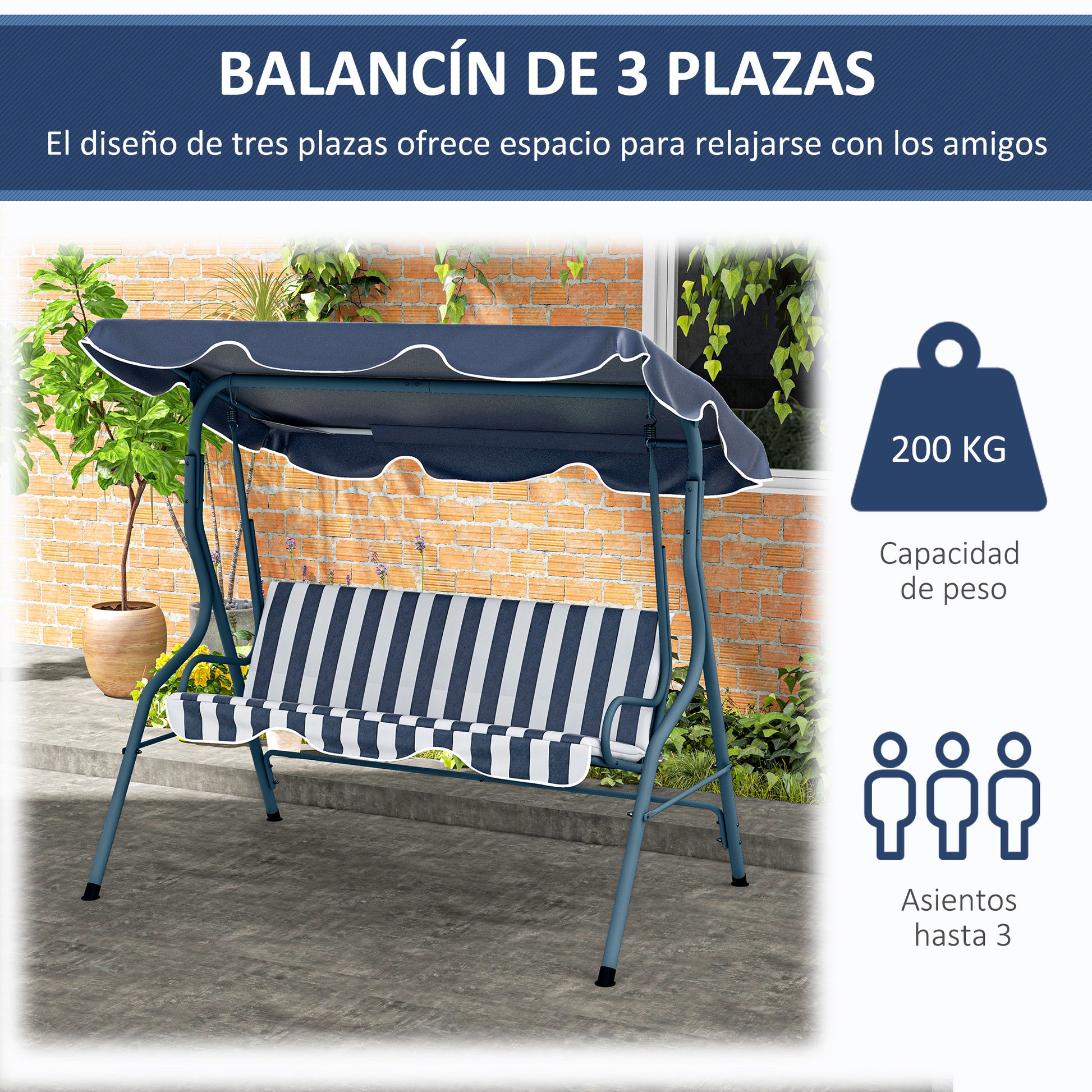 2-3 Seater Garden Swing Outdoor Swing with Adjustable Waterproof Canopy and Steel Frame for Patio Balcony 170x110x153 cm Blue