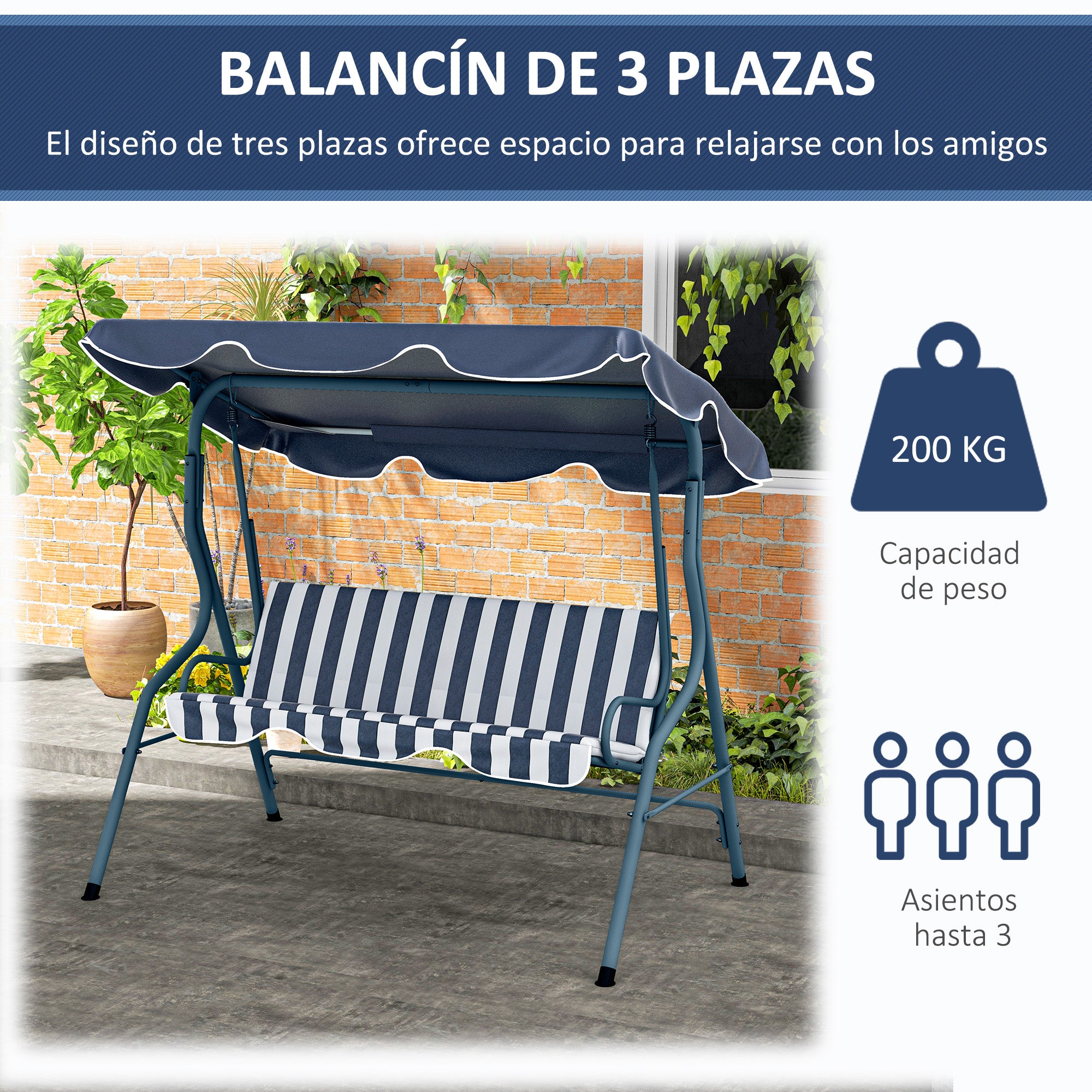 2-3 Seater Garden Swing Outdoor Swing with Adjustable Waterproof Canopy and Steel Frame for Patio Balcony 170x110x153 cm Blue