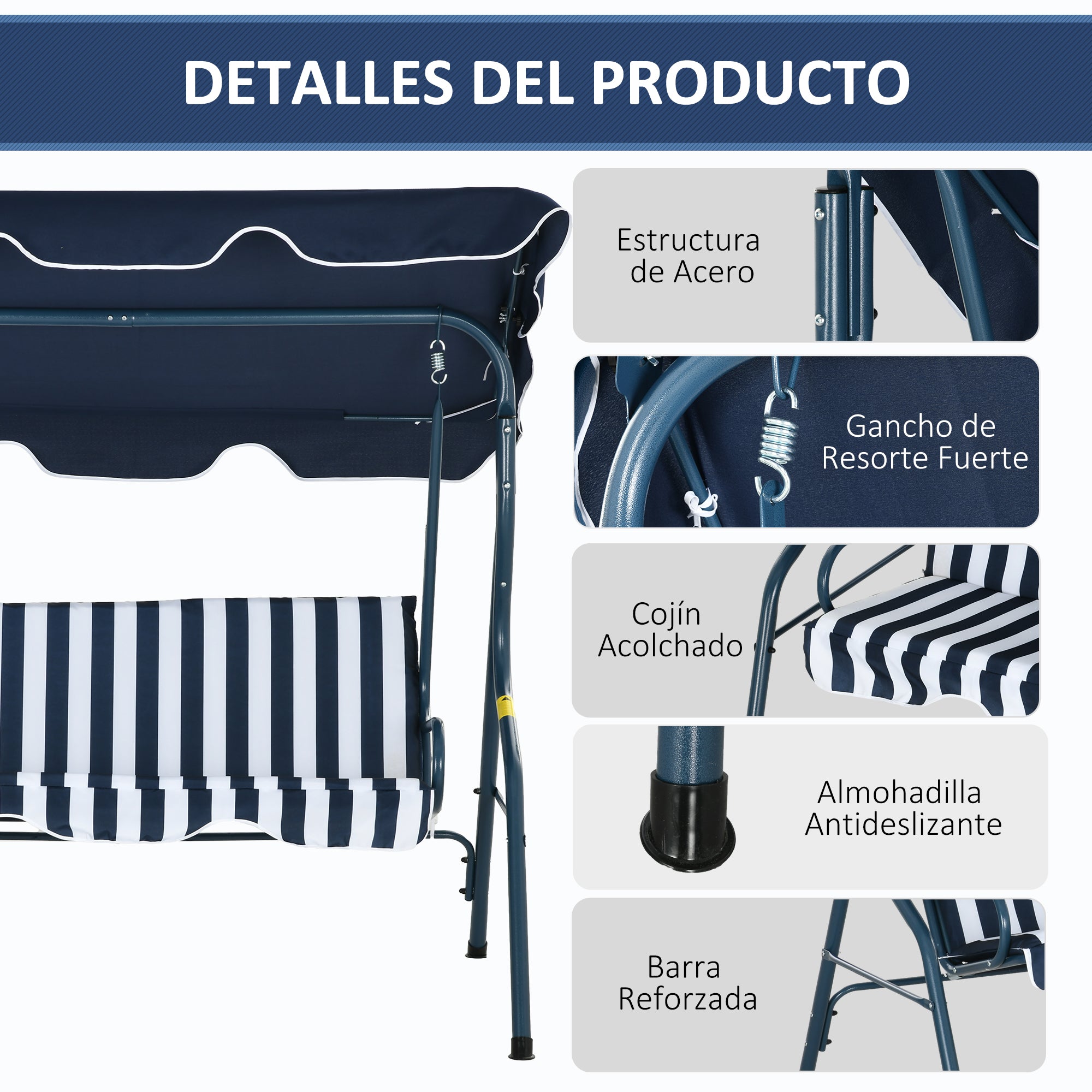 2-3 Seater Garden Swing Outdoor Swing with Adjustable Waterproof Canopy and Steel Frame for Patio Balcony 170x110x153 cm Blue