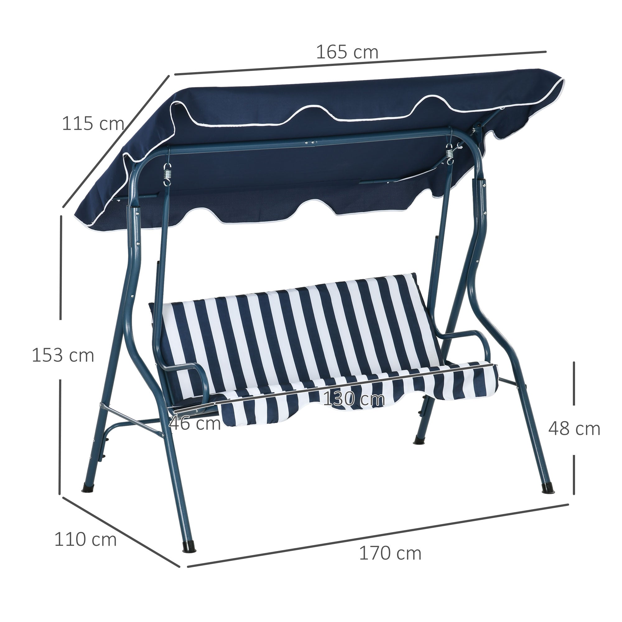2-3 Seater Garden Swing Outdoor Swing with Adjustable Waterproof Canopy and Steel Frame for Patio Balcony 170x110x153 cm Blue